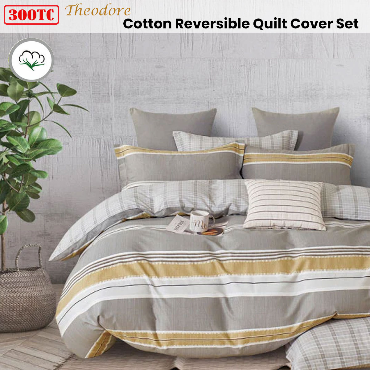 300TC Theodore Grey Reversible Cotton Quilt Cover Set King — image 2