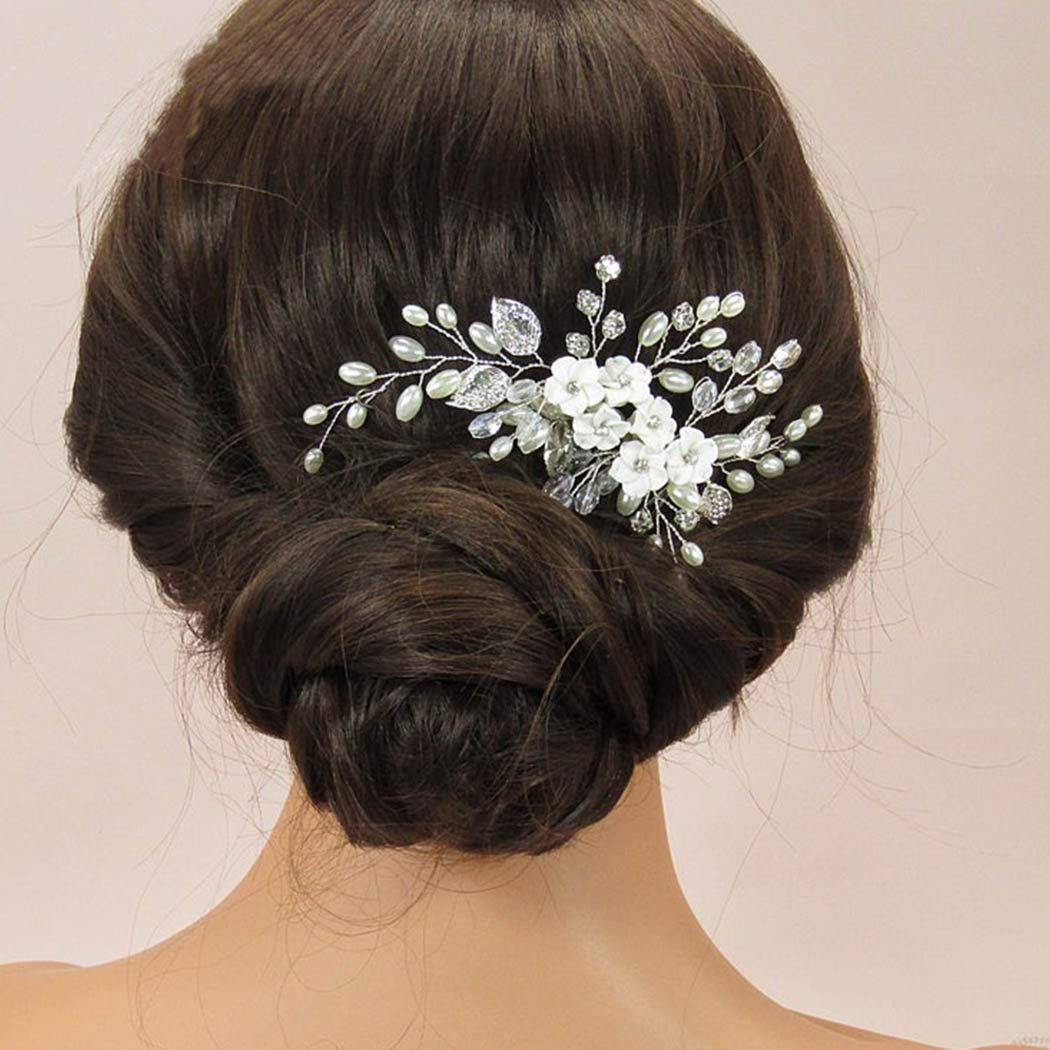 Flower Bride Wedding Hair Comb Leaf Bridal Headpiece Pearl Hair Accessories Crystal Hair Piece Jewelry for Women and Girls