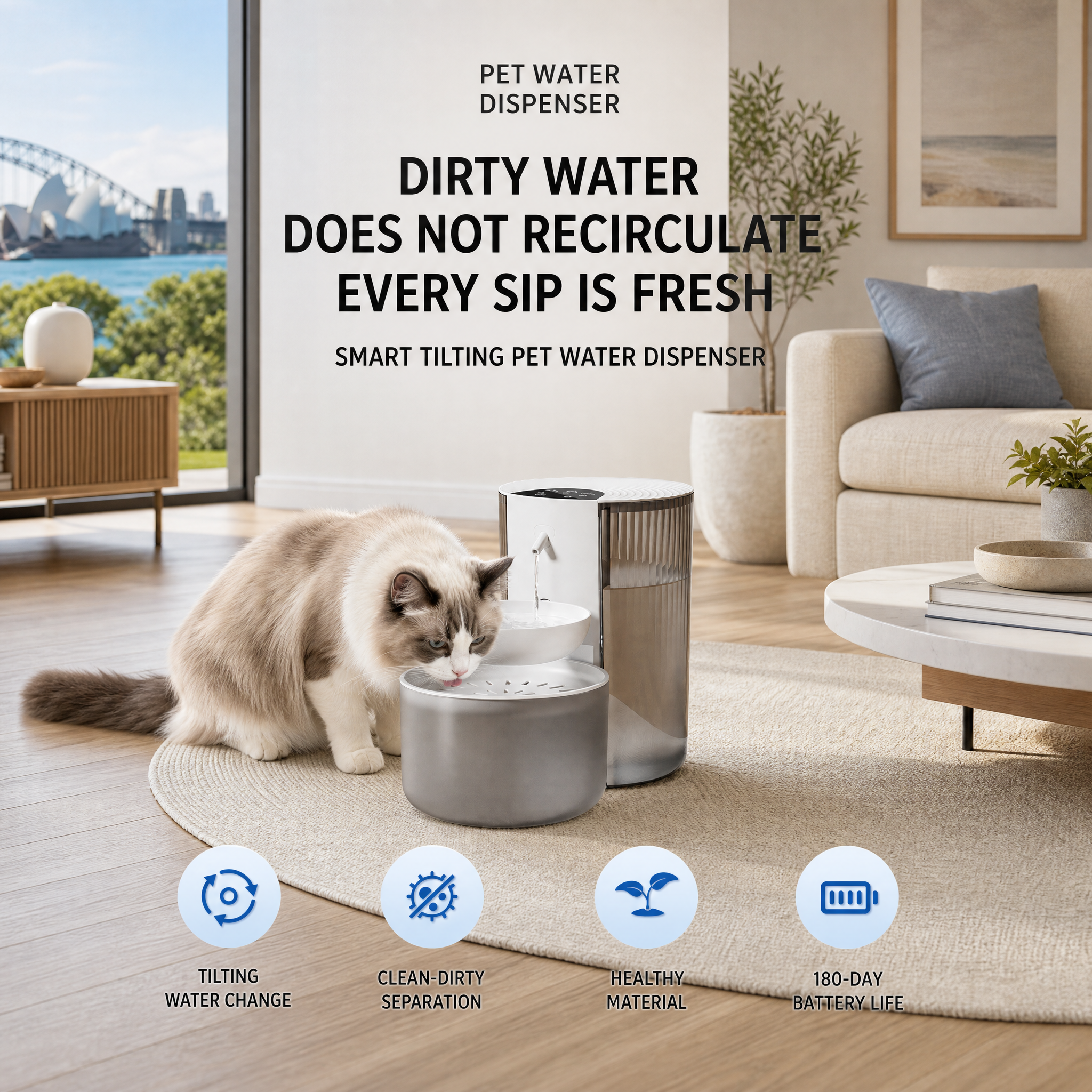 Cream White Smart Pet Water Dispenser 3L Cordless Cat Water Fountain No Filter Required, Rechargeable Wireless Pet Drinking Fountain with Clean & Waste Water โ image 4