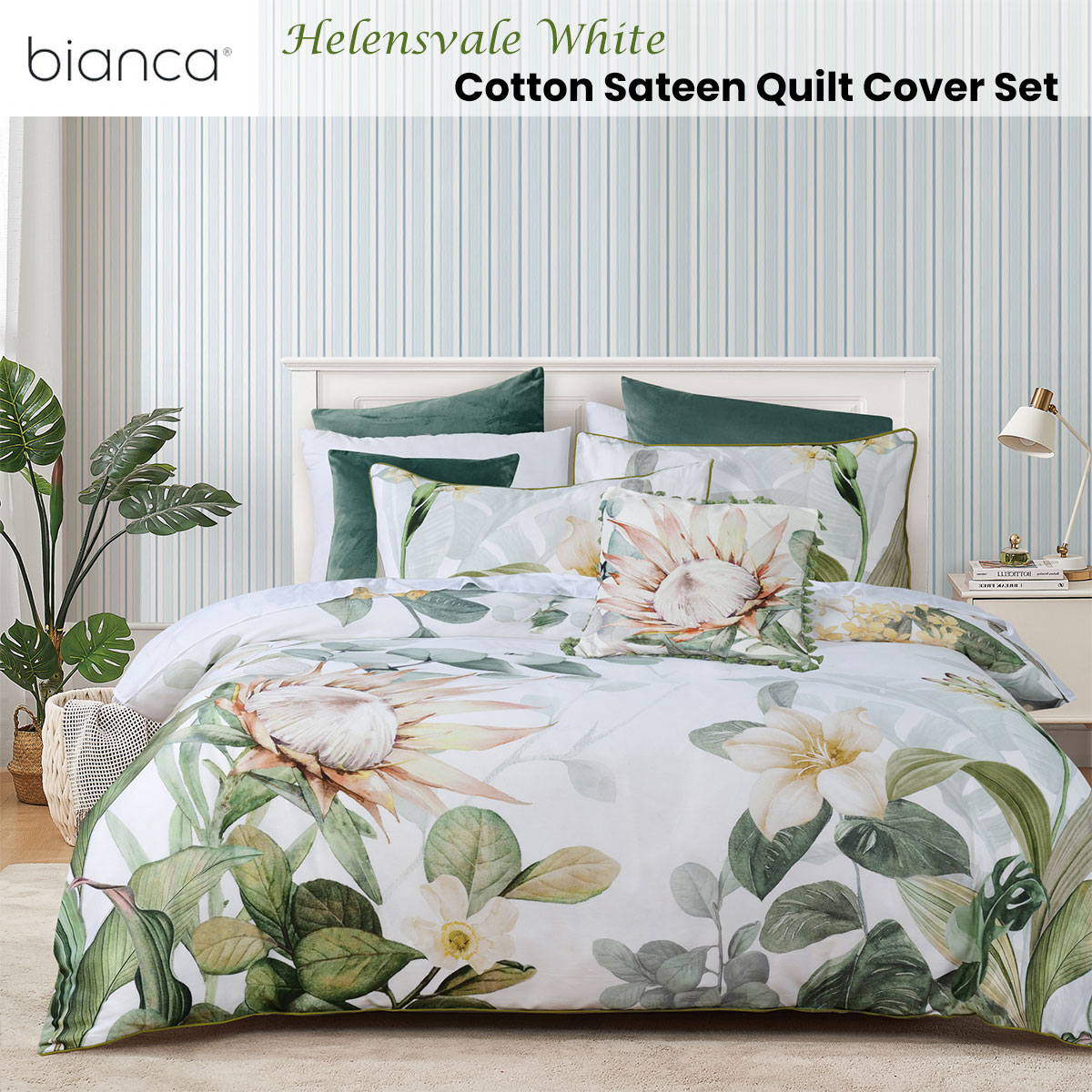 Bianca Helensvale White Floral Cotton Sateen Quilt Cover Set Super King — image 2