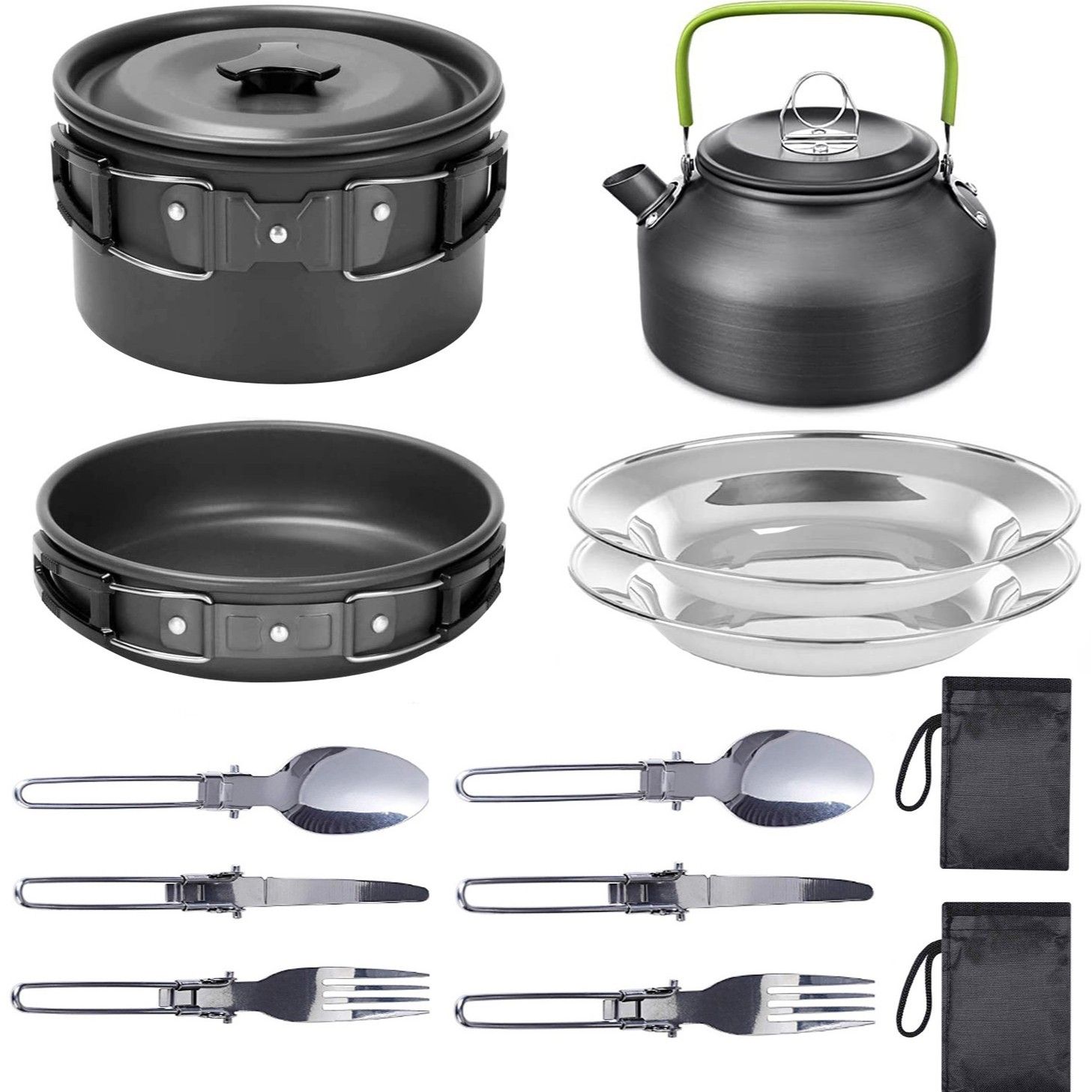 11PCS Black Camping Cookware Set – Lightweight Aluminium Camping Pots, Frying Pan, Kettle & Stainless Steel Cutlery, Portable Non-Stick Outdoor Cooking Set for — image 2
