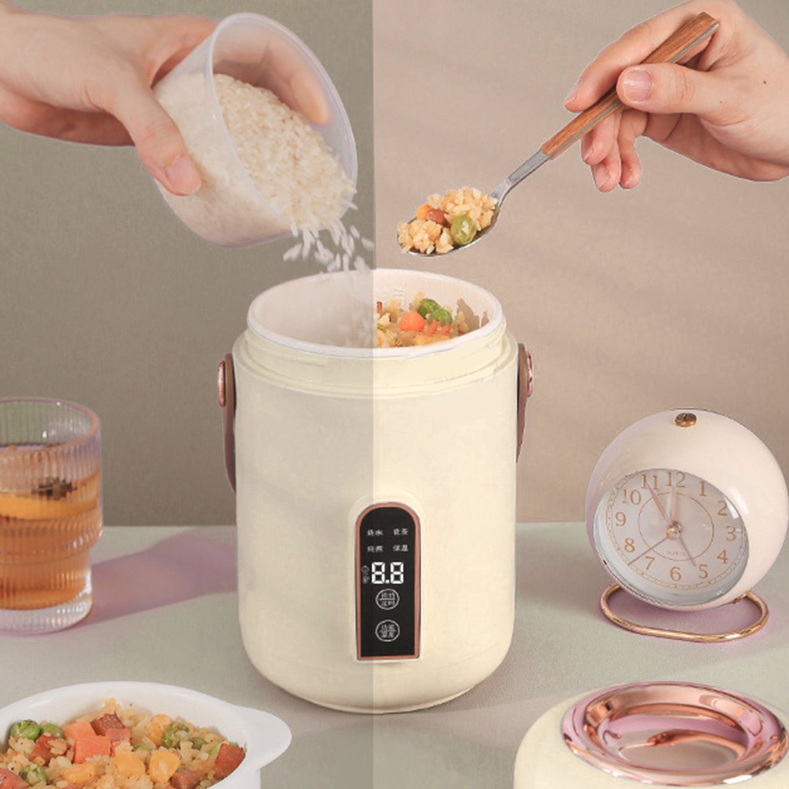 Mini Rice Cooker Efficient Heating Insulated Portable Multifunction Soup Porridge Stewpot for Home Office Dorm White — image 5