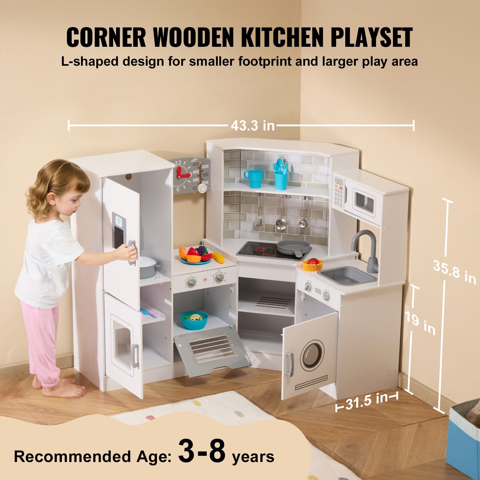 Kitchen Playset Kids Pretend Cooking Play Toy 24 Piece Accessories White — image 3
