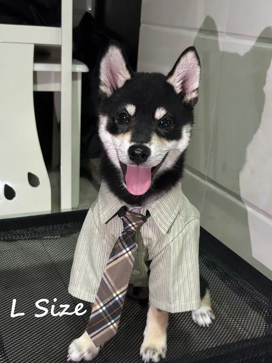 Chic Summer Pet Collared Shirt With Tie, Thin Breathable Garment for Cats & Puppies, Green, Size L, Back Length 34cm