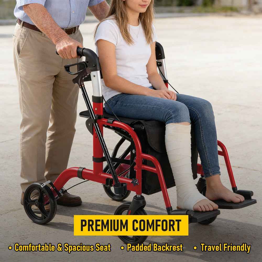 2-in-1 Foldable Aluminium Rollator Walker with Seat, Adjustable Handles, 8" All-Terrain Wheels, Detachable Storage Bag, 136kg Capacity, Lightweight Walking โ image 2