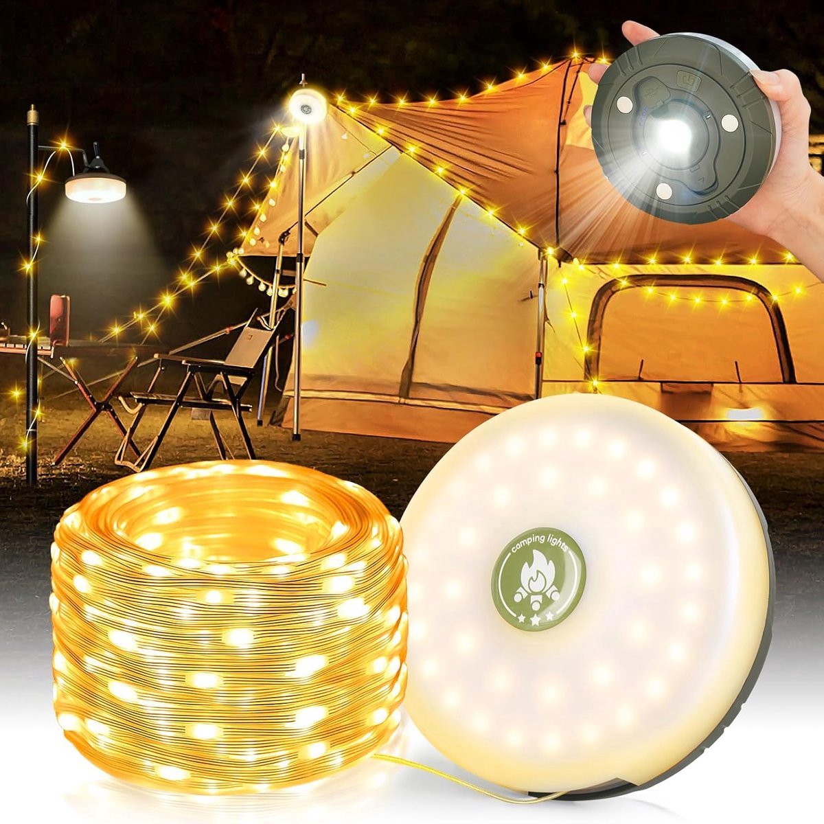 Camping Light String 10 Meters - Ambience Strip - IPX4 Waterproof - Retractable - Rechargeable - Warm White | Outdoor Lighting Garland - Camp Lamp - Camping