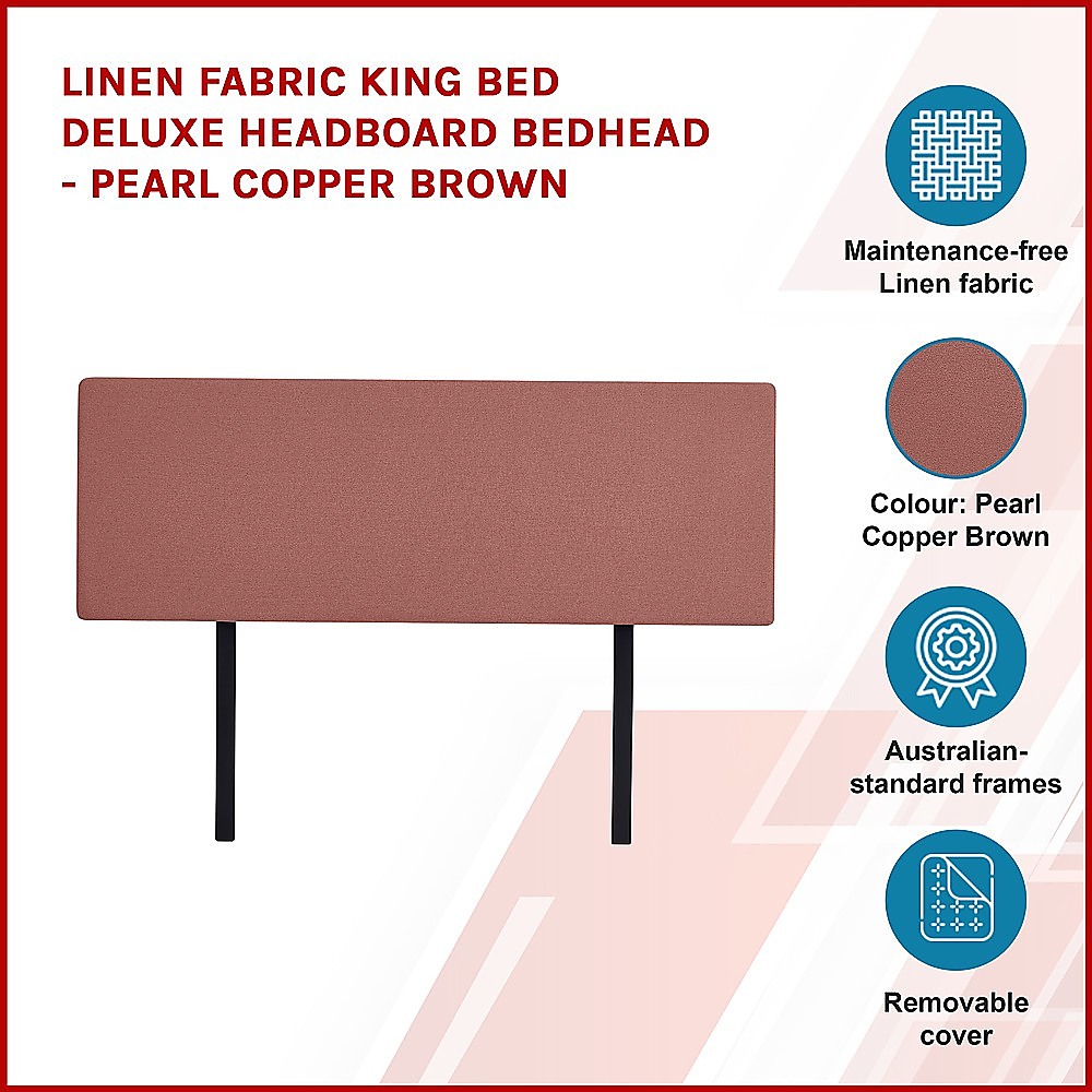 Linen Fabric King Bed Deluxe Headboard Bedhead - Pearl Copper Brown — image 4