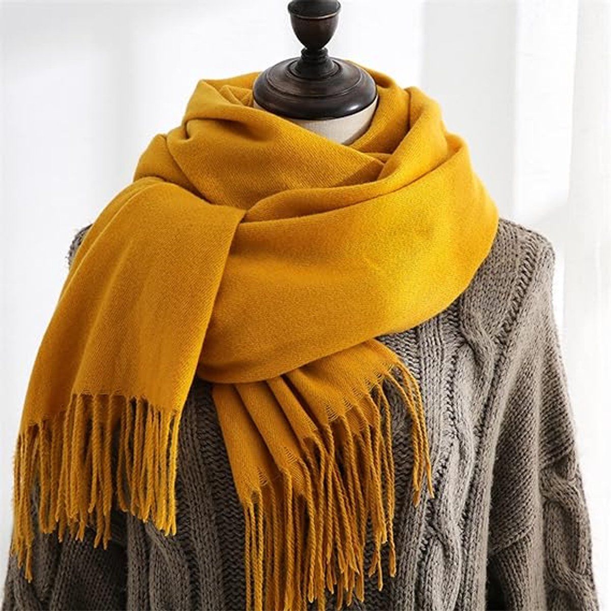 Women's Woven Winter Scarf, Large Tassel Shawl Wrap, Soft Warm Neck Warmer for Cold Weather Outfits, 70x200 cm, Yellow — image 3