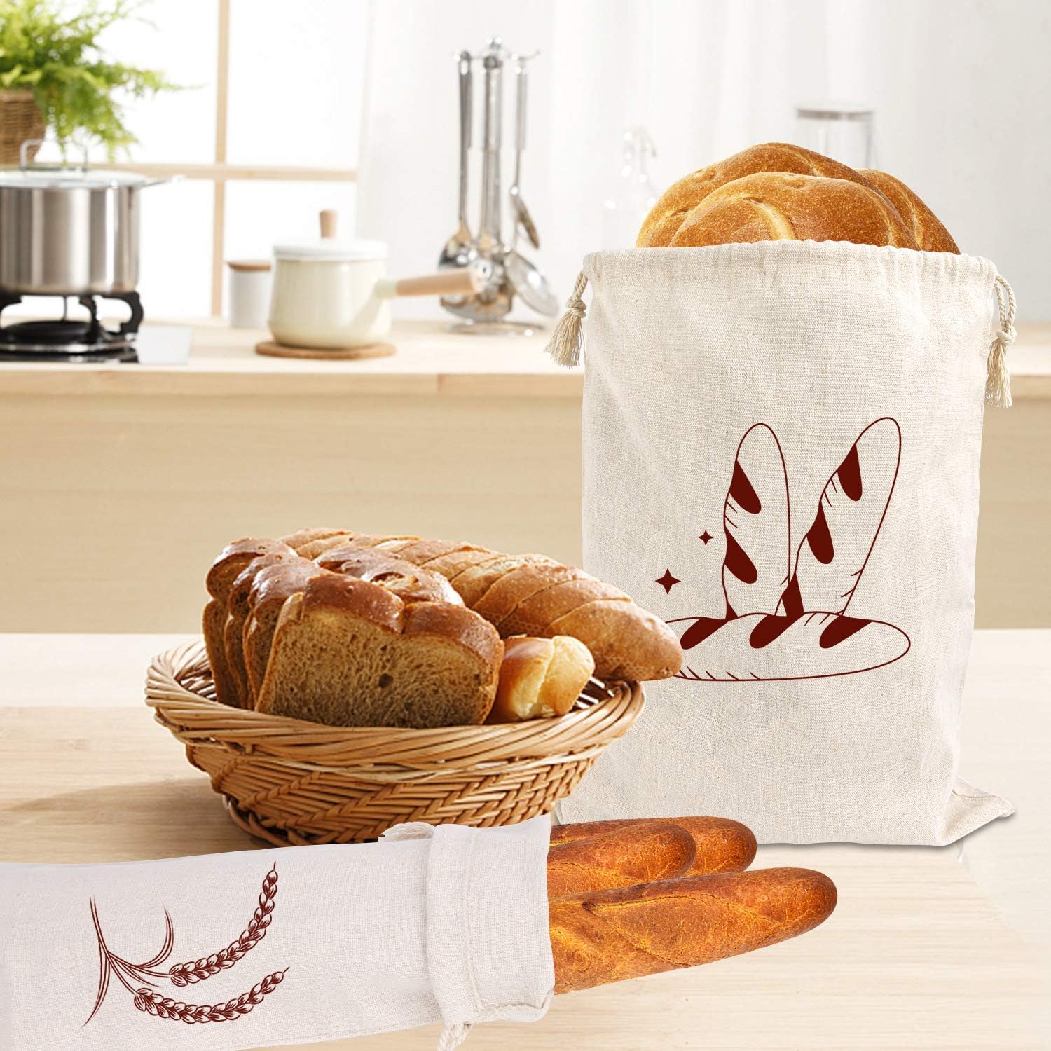 Bread Bag | Pack of 4 - Reusable Bread Bags - Drawstring Bread Bags - Storage Bags - Washable Fabric Bread Bags - Breathable Cotton - For Homemade Bread — image 4