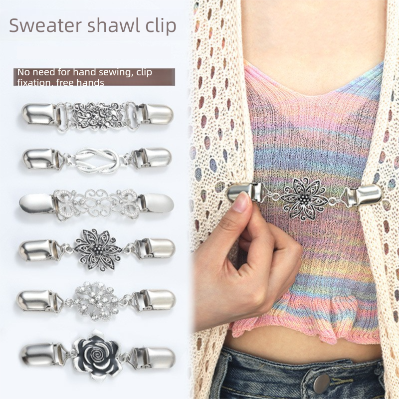 4 pcs Silvery and Yellow Vintage Sweater Shawl Clip Brooch - Decorative Cardigan Collar Fastener with Rhinestone and Floral Design, Retro Alloy Cape Clasp for โ image 2