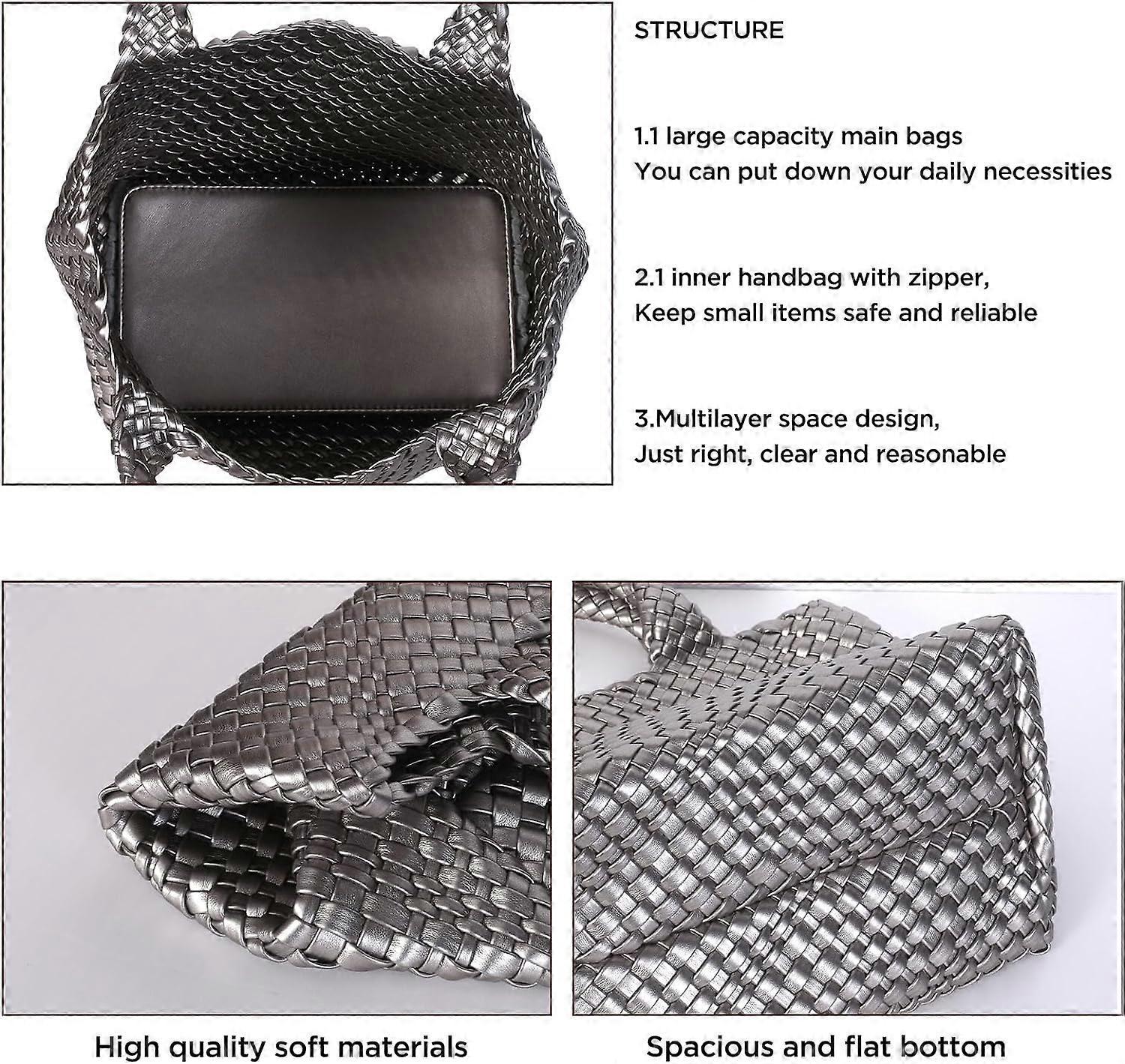 Woven Tote Bag for Women Soft Leather Handbag with Pocket โ image 3