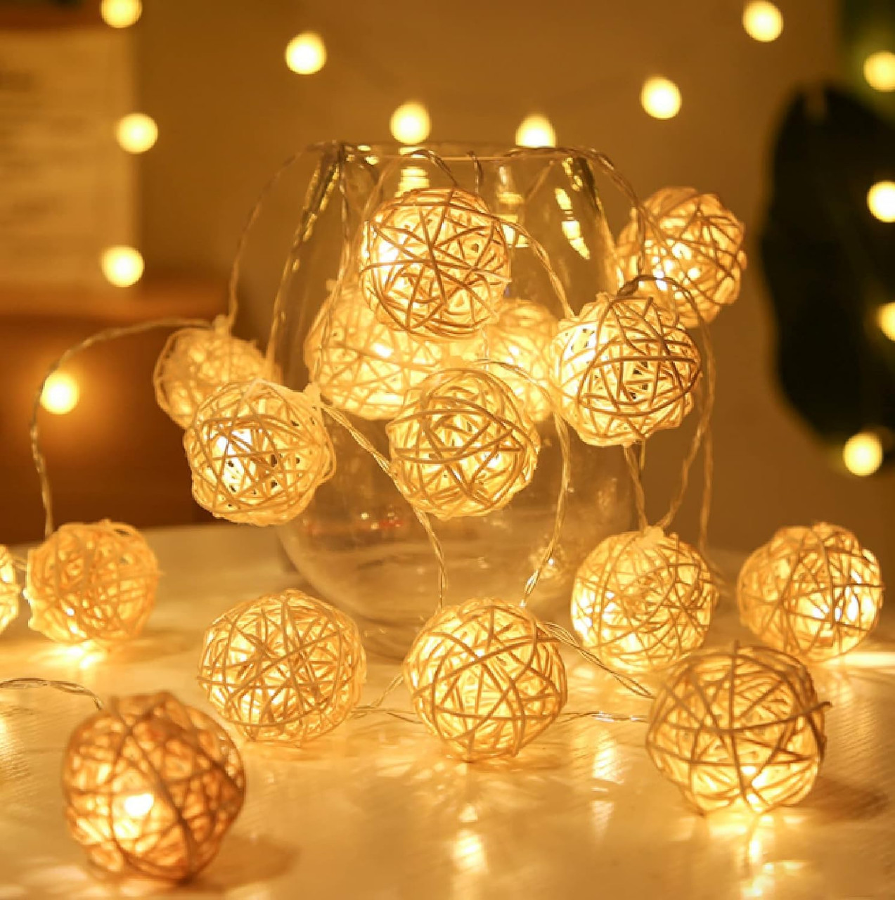1 Set of Yellow 5cm Rattan Cane 50 Ball Battery Power LONG 5m String Lights Christmas Gift Home Wedding Party Bedroom Decoration Table Centrepiece — image 4