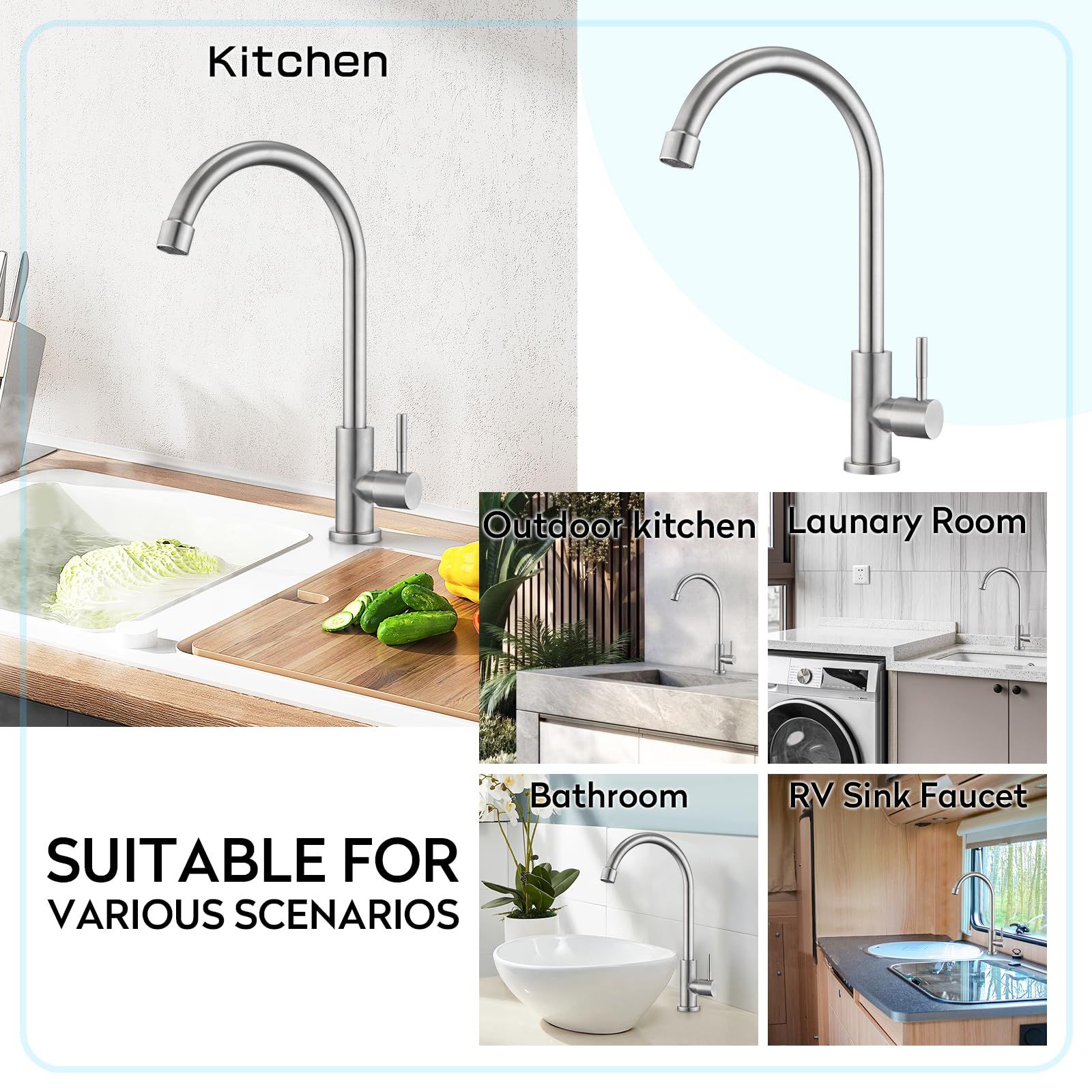 Kitchen Faucet Cold Water Only Brushed Nickel Kitchen Sink Faucet Single Handle Cold Faucet Bar Sink Faucet Outdoor — image 2
