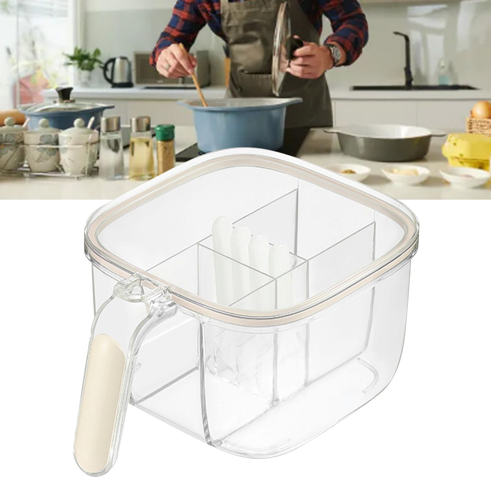 Seasoning Box 4 Compartments Transparent Window Strong PET Seasoning Jar with 4 Spoons for Home Kitchen Cooking Milk Yellow โ image 5