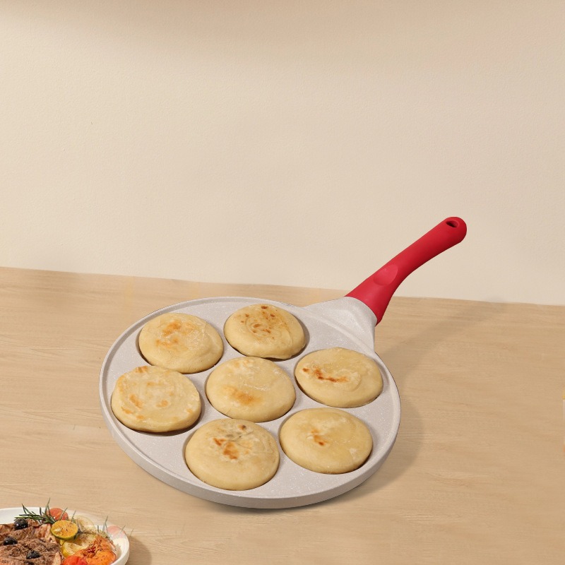 Beige Waffle + Wood Grain Handle (Gas Model) Non-Stick Pancake Pan - 7-Hole Fun Shapes Breakfast Griddle (27cm) — image 2
