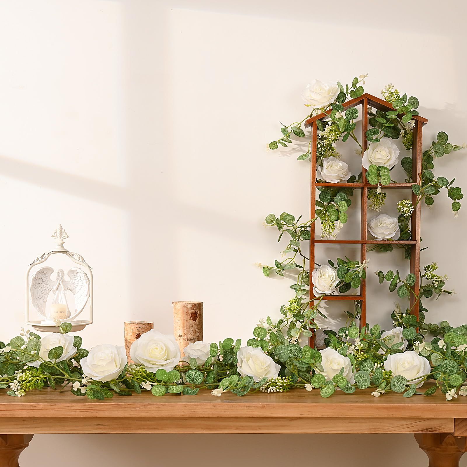 2 Packs 175cn Eucalyptus Garland with Flowers - 6White Roses, Artificial Flower Fake Rose Vine Faux Greenery for Wedding Backdrop Arch Table Wall Party Home — image 2