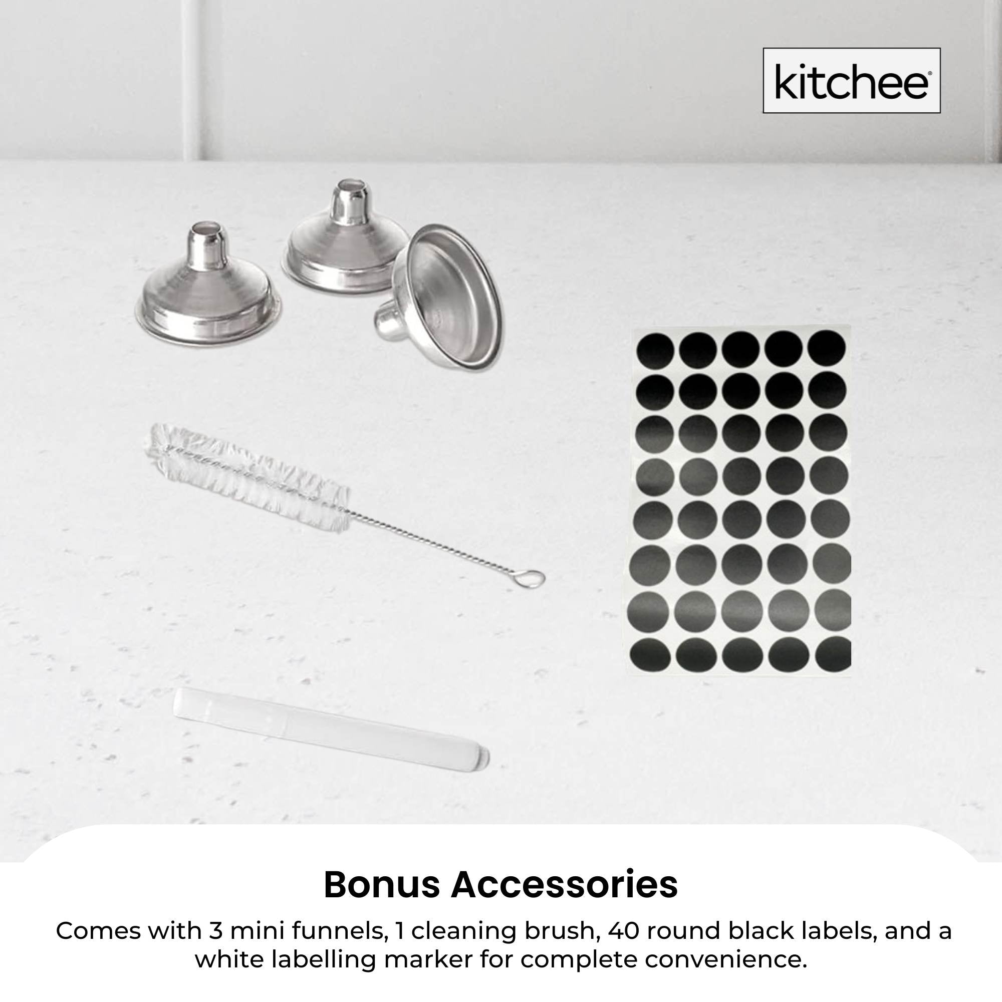 Kitchee 12 × 60ml Small Glass Bottles + Lids Funnels Brush Labels Pen — image 5
