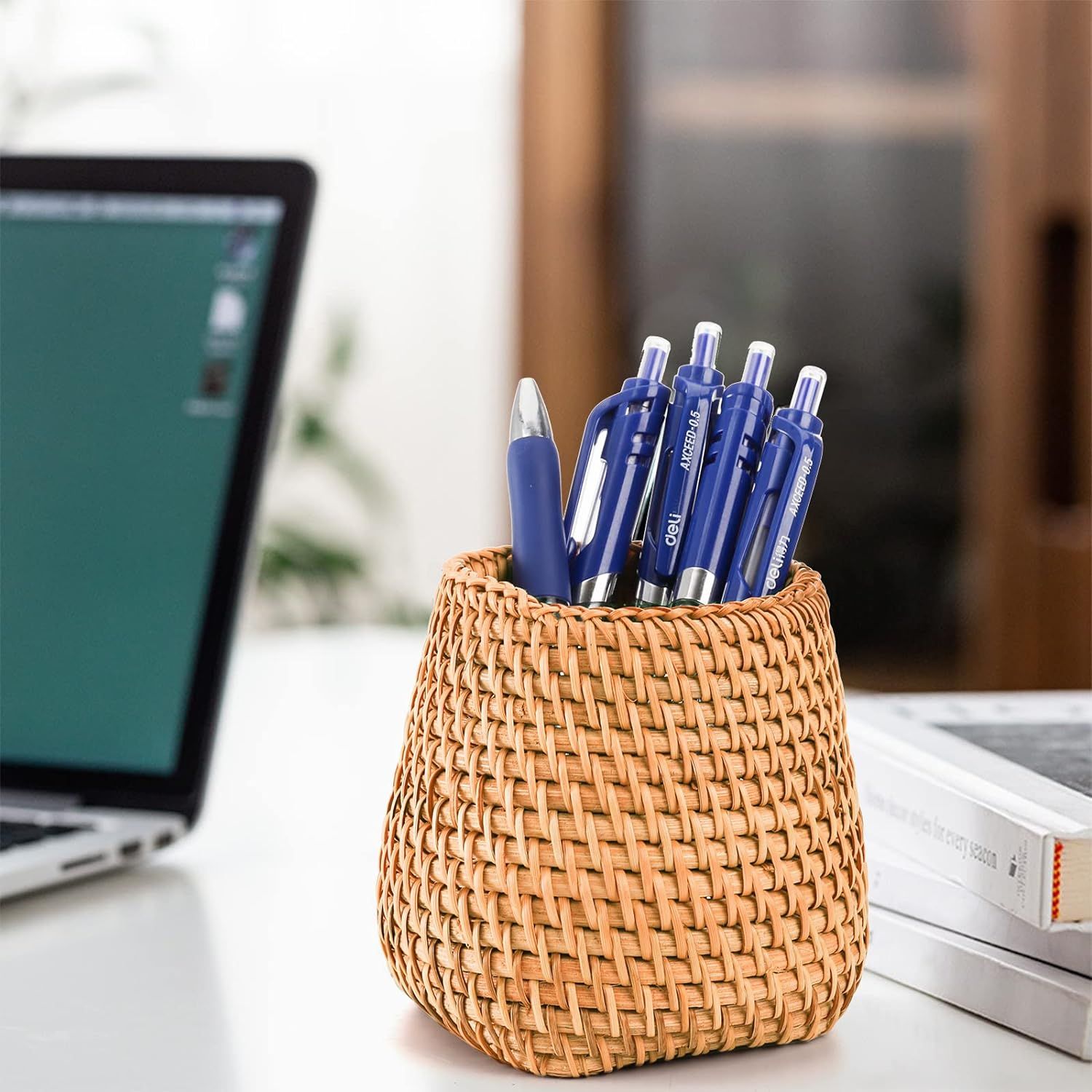 Set of 2 Rattan Pencil Holder for Desk, Handmade Pen Cup Container Woven Makeup Brush Holder, Desk Organizer for Stationery — image 3