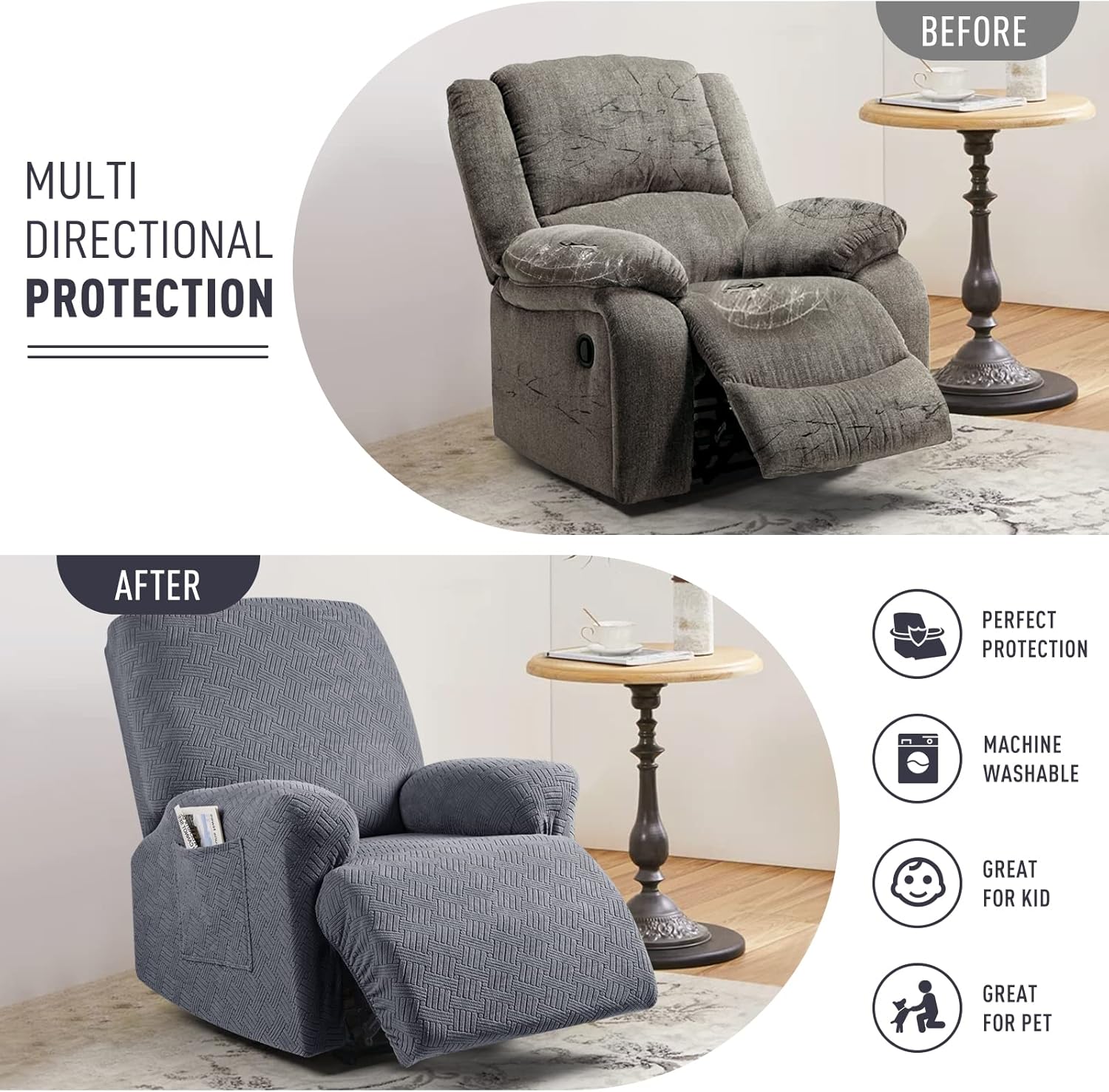 Recliner Covers, Stretch Reclining Chair Covers, Recliner Sofa Slipcovers Stripe Jacquard Recliner Couch Covers Furniture Protector Covers for Pet Kid (1 — image 3