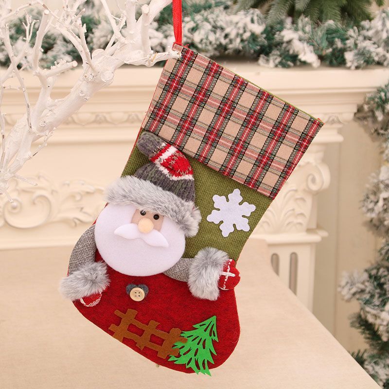 Large Fence Christmas Stocking, Santa Pattern Xmas Tree Hanging Ornament & Gift Bag, 32 × 19cm