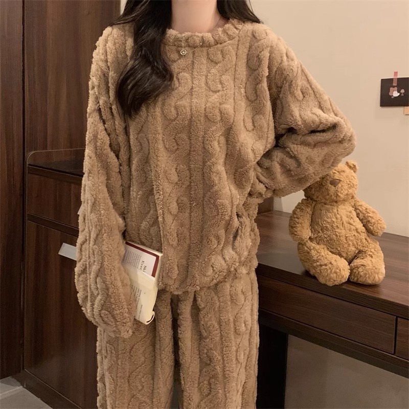 Khaki Coral Fleece Jacquard Thermal Pajama Set — Autumn/Winter Fleece-Lined, Thickened, Casual Loungewear — image 3