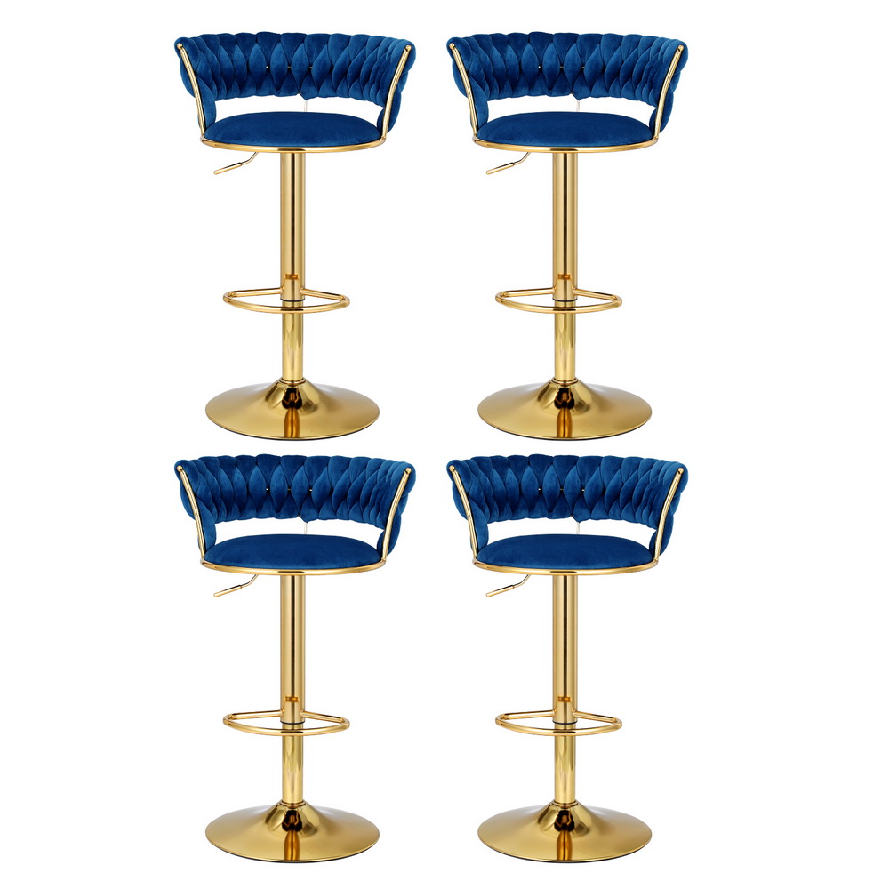 Artiss 4x Bar Stools Gas Lift Velvet Woven Backrest Navy — image 3