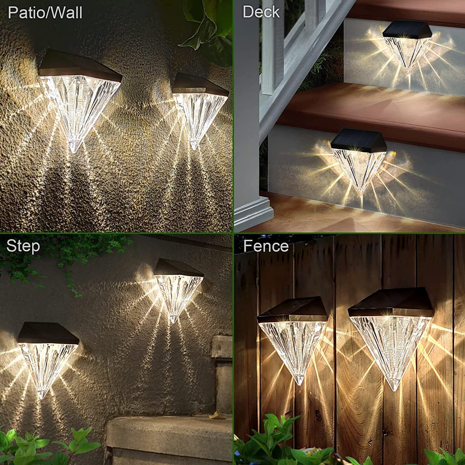 Solar Fence Lights Diamond, 6 Pack Deck Lights Outdoor Waterproof Step Lights Solar Powered for Garden Yard Patio Stair,Wall Mount — image 2