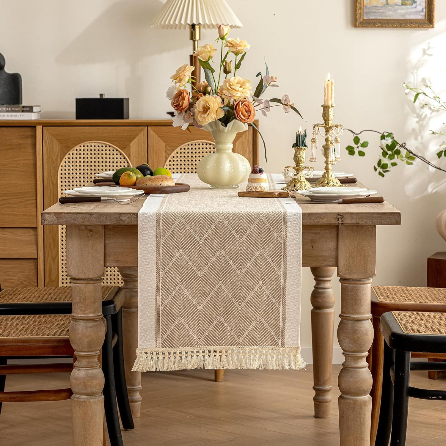 Linen-Like Farmhouse Rustic Polyester Table Runner Tassel Edges for Kitchen, Dining Table, Coffee Table, Holiday Parties, Party Decor(khaki 35*180cm) — image 5