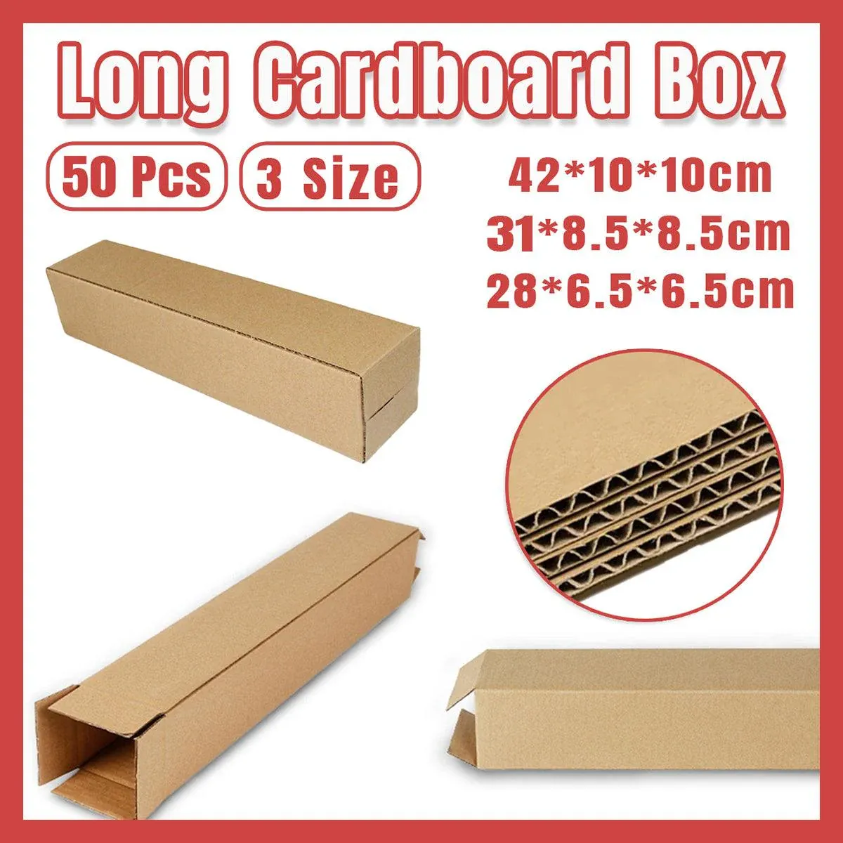 50pcs Long Strip Carton Flat Square Durable Shipping Boxes for Packaging Storage - 10cm x 42cm — image 2