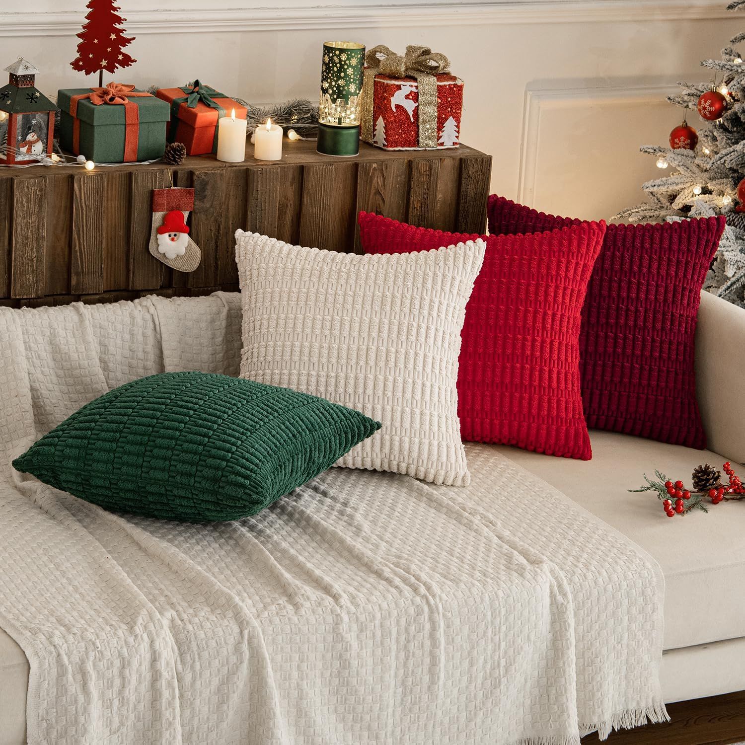 Pack of 4 Christmas Boho Farmhouse Red and Green Corduroy Decorative Throw Pillow Covers 18x18 Inch Retro Soft Striped Pillow Covers Home Decor for โ image 4