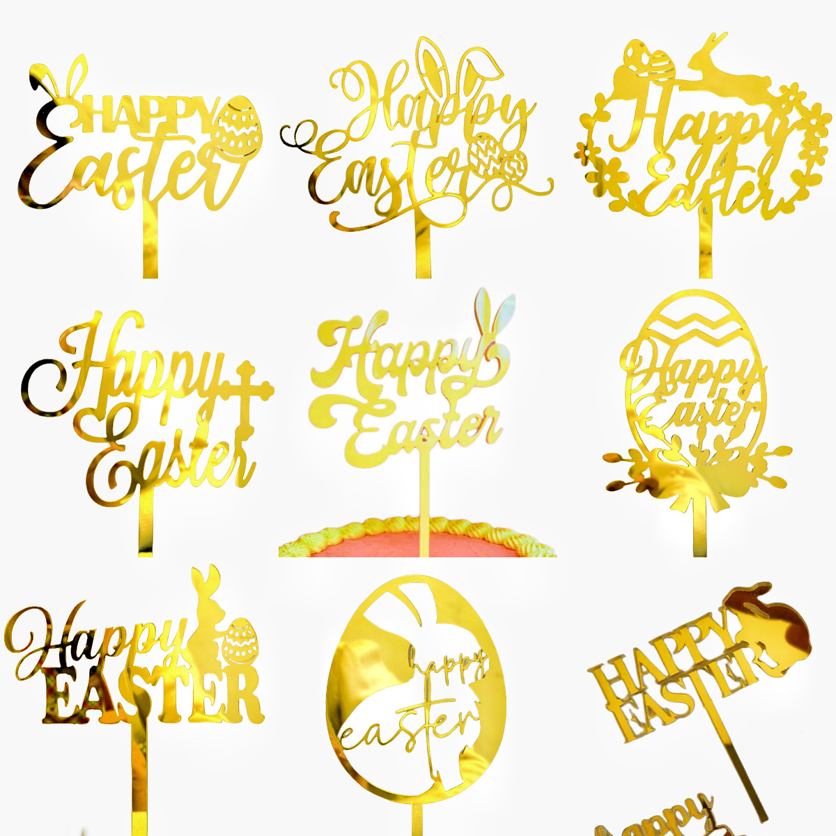 10-Piece Set of Elegant Easter Cake Toppers – Gold Acrylic "Happy Easter" Decorations with Bunny & Egg Designs, Perfect for Party Cakes and Festive Table — image 5