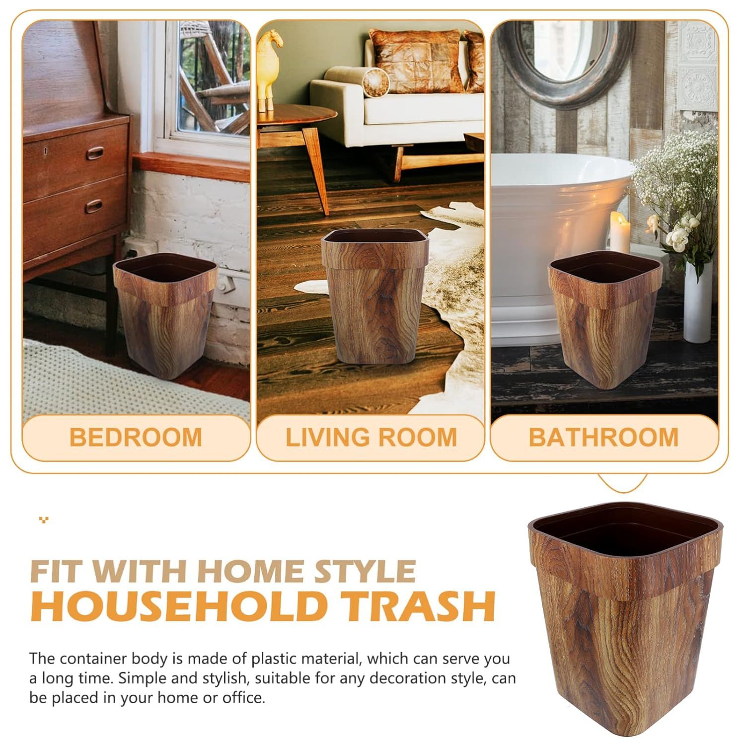 Trash Can Wood Trash Can Lidless Wastebasket Wood Grain Garbage Container Kitchen Trash Bin Office Trash Can 11.99X9.43X9.43inch โ image 4