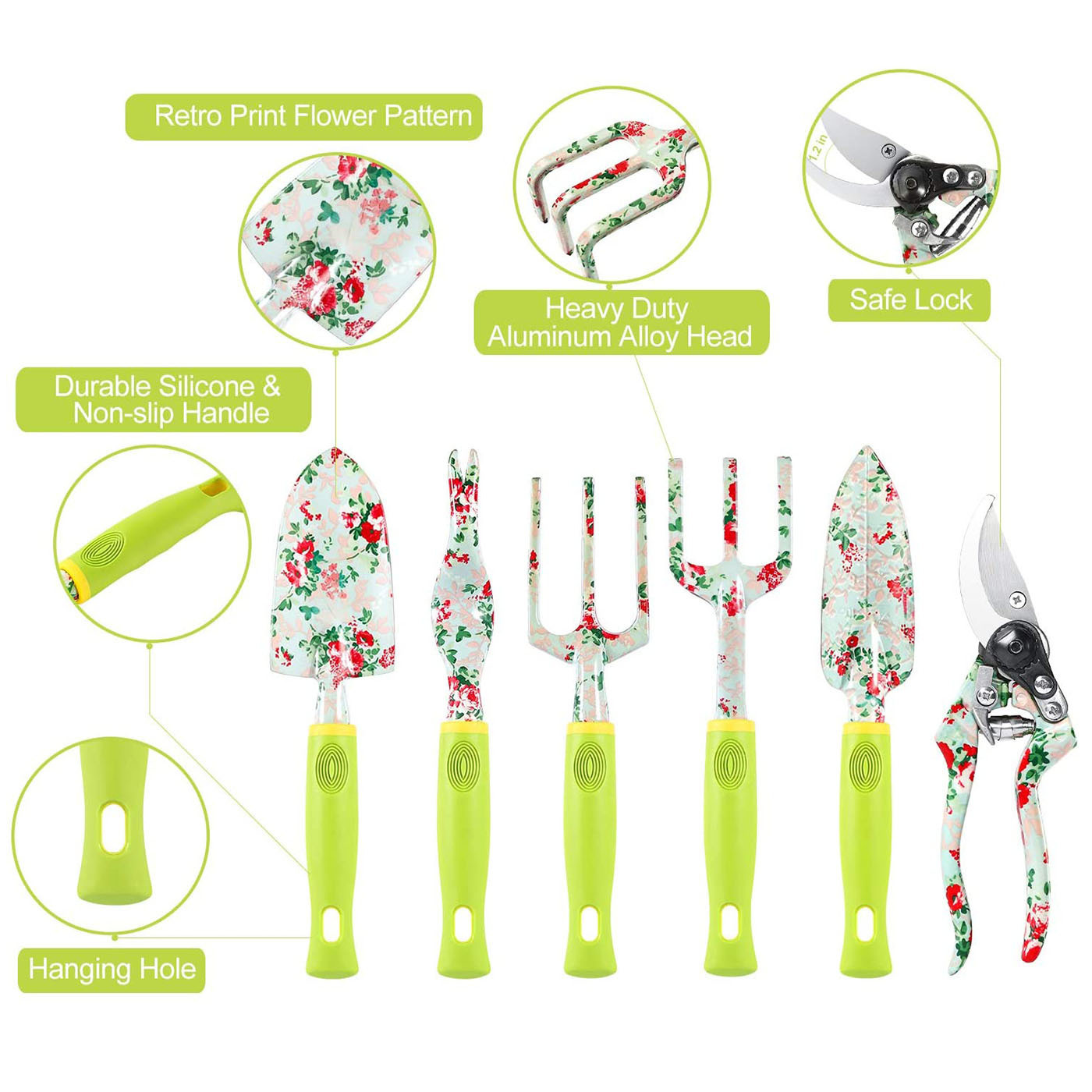 Green 9-Piece Floral Garden Tool Set for Women – Complete Gardening Kit with Tote Bag, Pruners, and Gloves — image 4