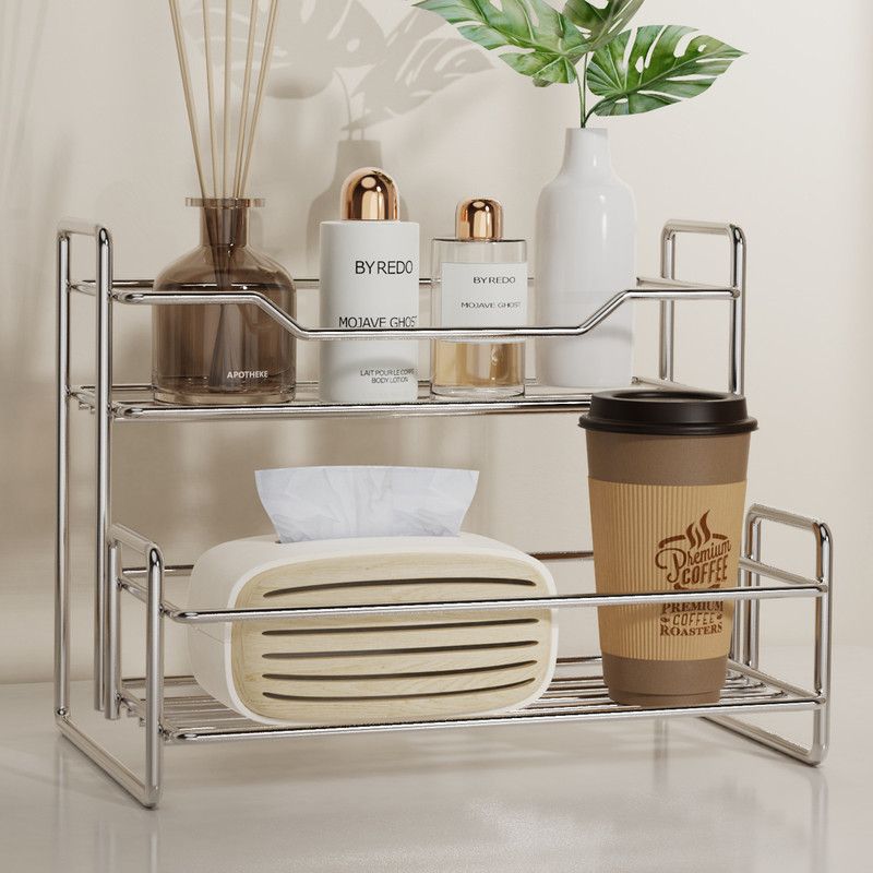 Stainless Steel Two Layers Storage Shelf Kitchen Spice Rack Bathroom Cosmetics Mouthwash Cup Organizer Storage Rack-Silver โ image 5