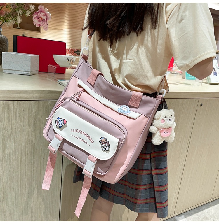 Women's Kawaii Pink Shoulder Bag with Cute Bear Plush Charm and 4 Badges Large Capacity Nylon Tote School Handbag — image 3