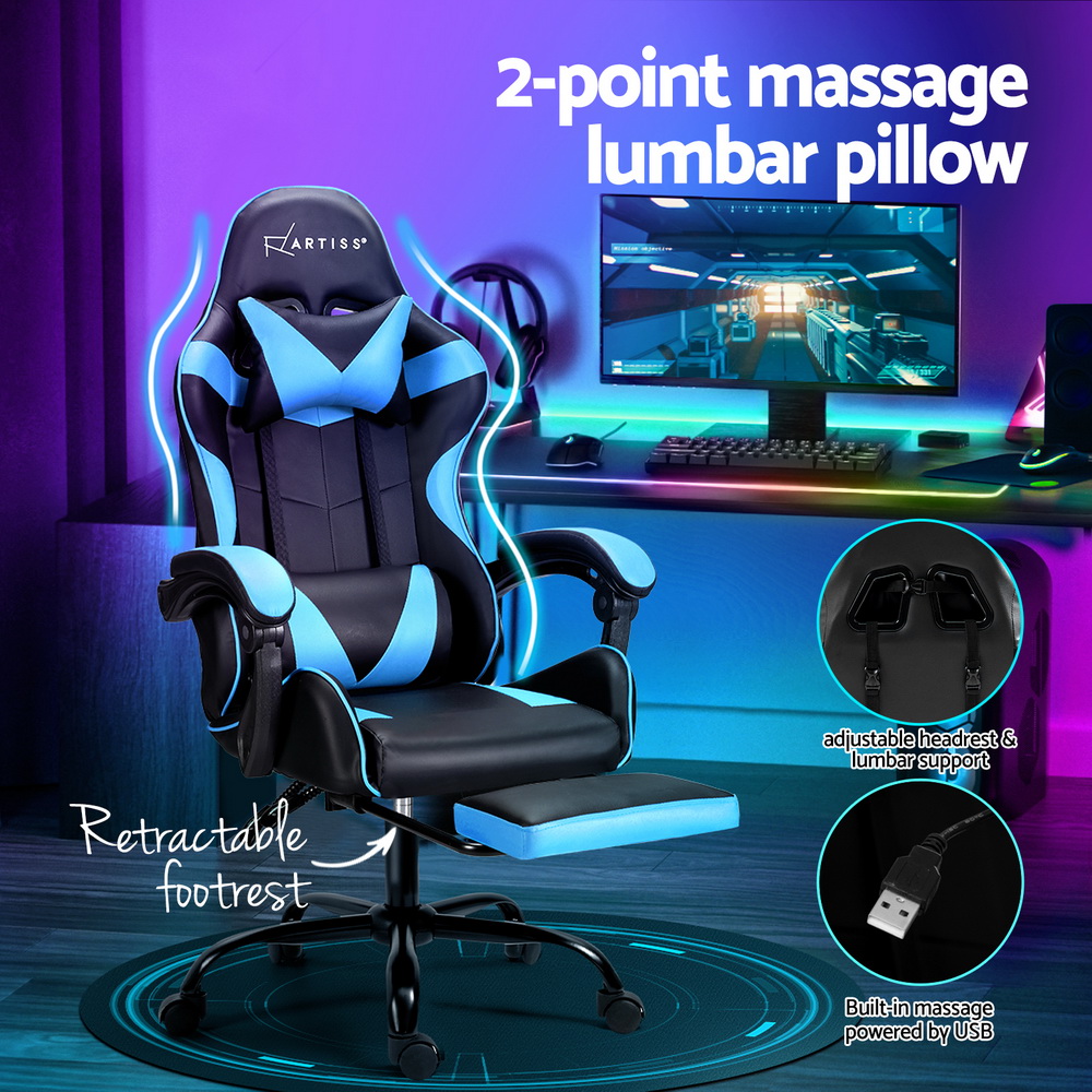 Artiss 2 Point Massage Gaming Office Chair Footrest Cyan Blue — image 4