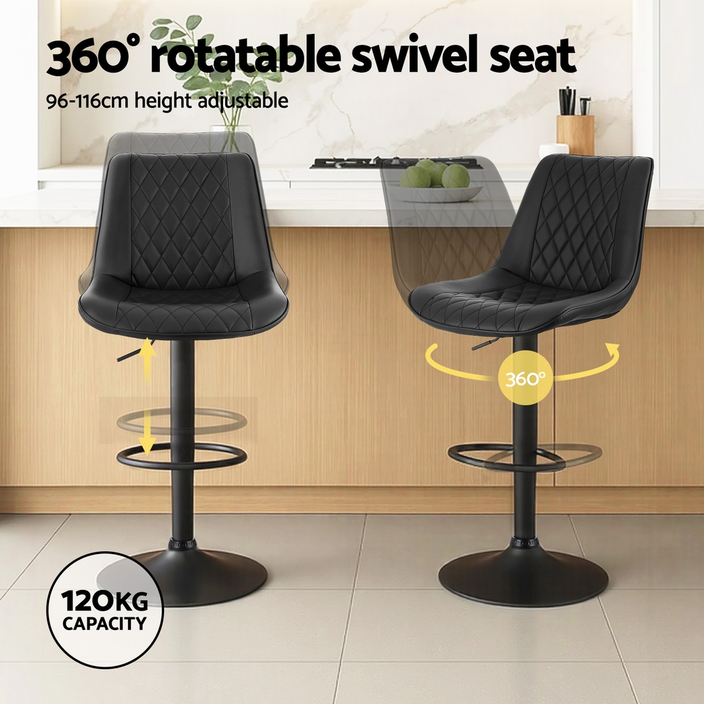 Artiss 2x Bar Stools Kitchen Swivel Gas Lift Counter Chair Diamond Leather Black — image 4