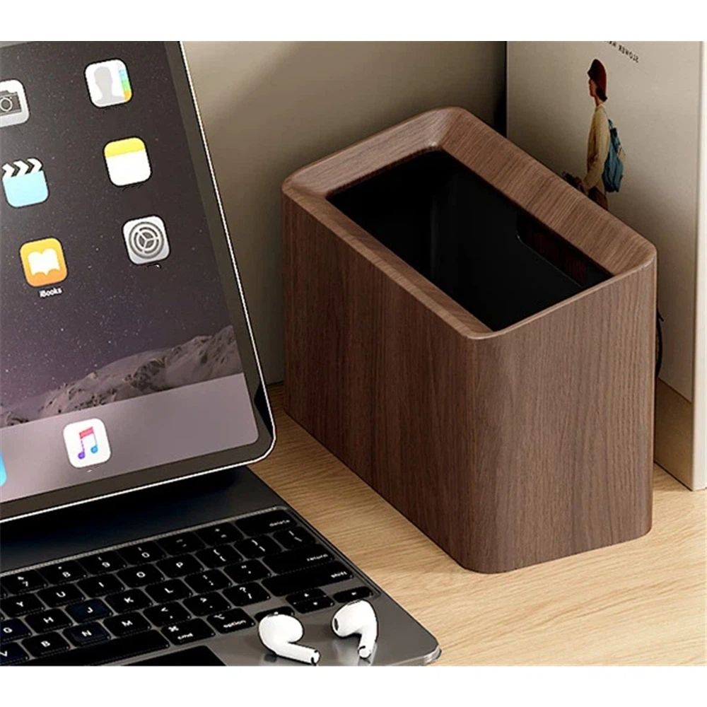 Mini Desk Trash Can, Desktop Trash Can Wood Grain, Uncovered Retro Wastebasket for Kitchens, Offices, Living Room, Makeup Table (Walnut color ) — image 4