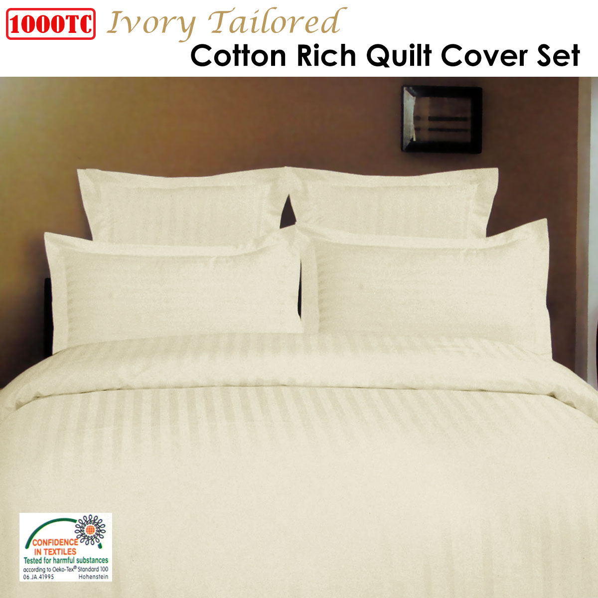 1000TC Self Striped Tailored Quilt Cover Set Ivory King — image 2