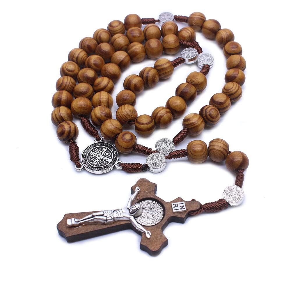 Wood Beads Rosary Necklace Saint Medal & Catholic Cross Religious Prayer Chaplet String Handmade, brown — image 2