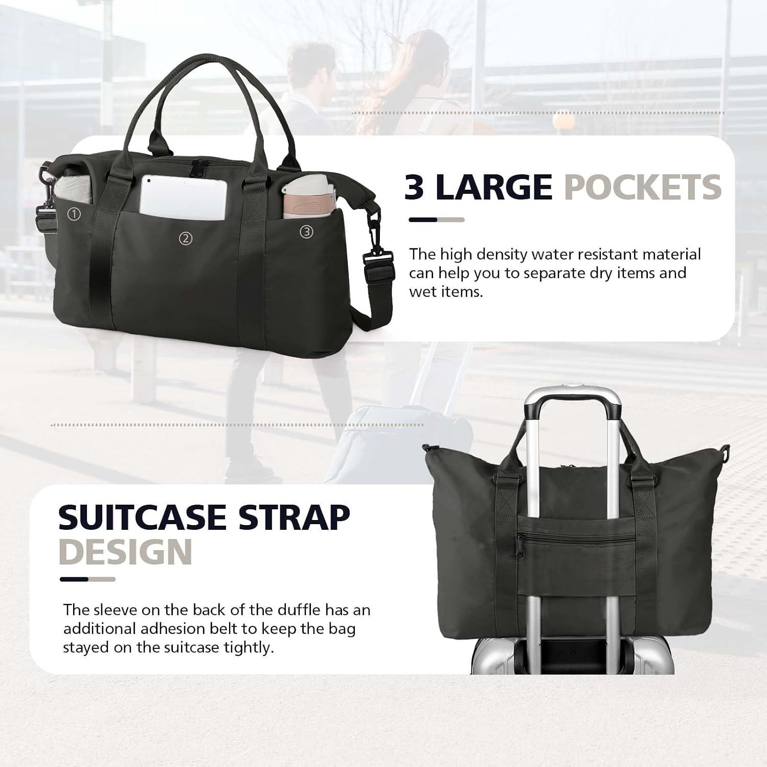 Travel Duffle Bag with Trolley Sleeve, Weekender Overnight and Gym Bag for Carry On Travel, Hospital Stays and Short Trips, Black — image 5
