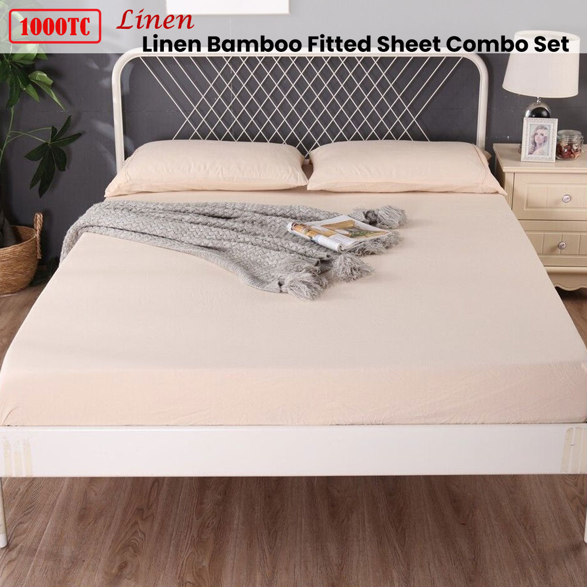Ramesses 1000TC Linen Bamboo Fitted Sheet Combo Set Linen Queen — image 2