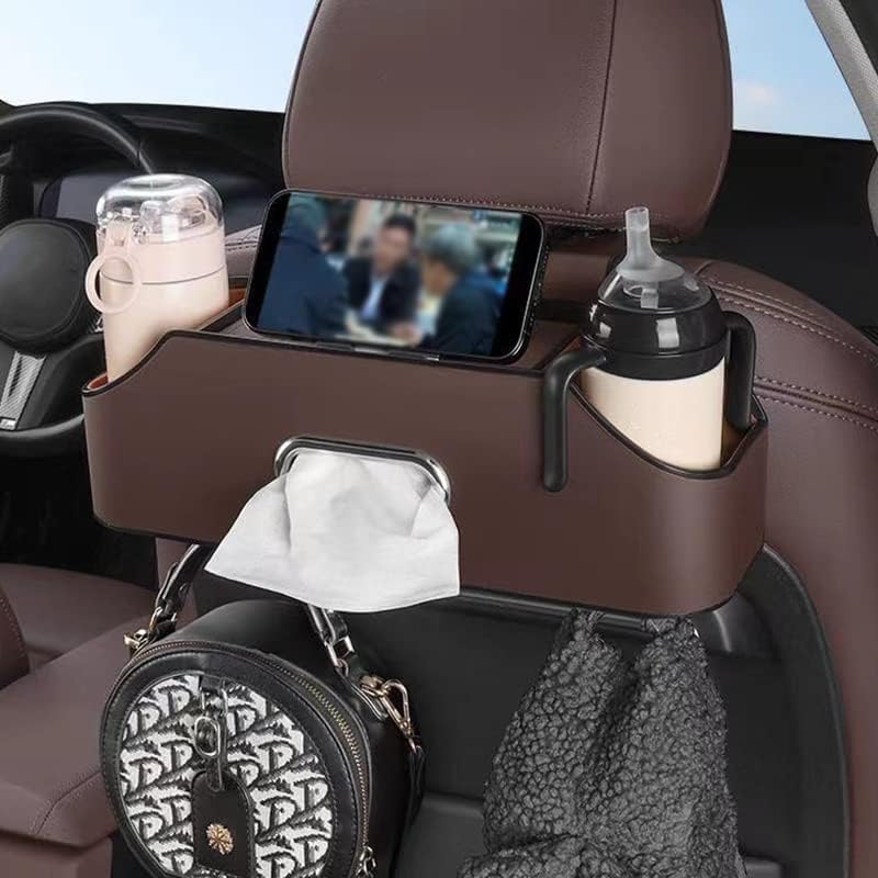 PU Leather Car Headrest Storage Organizer with Hook and Tissue Holder, Back Seat Accessory for Bags and Travel Items, Brown — image 2