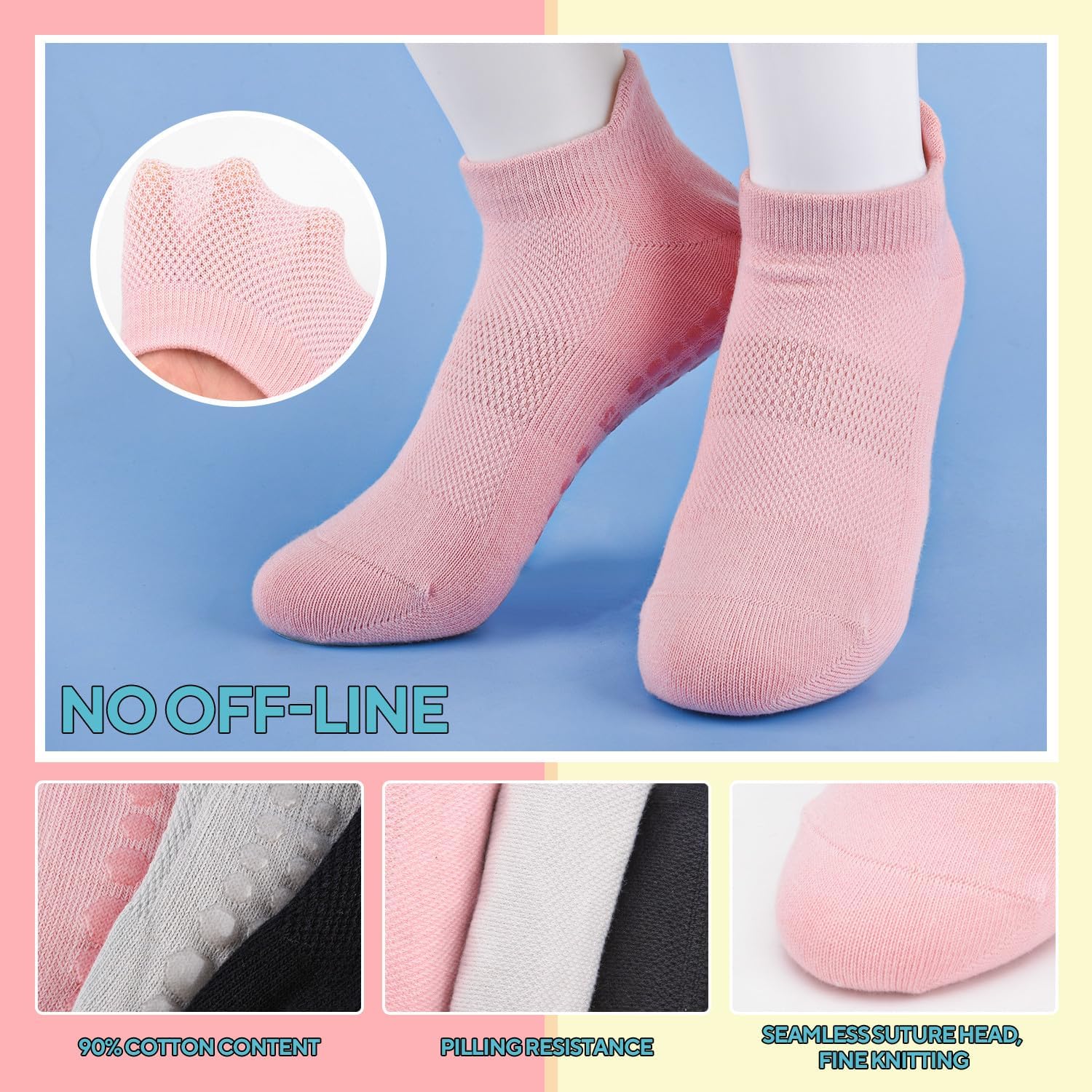 3 Pairs Pilates Grip Socks, Non Slip Yoga Socks for Women, Anti-Skid Grip Socks Breathable Cotton Socks for Yoga, Barre, Dance, Barefoot, Workout, Pregnant — image 5