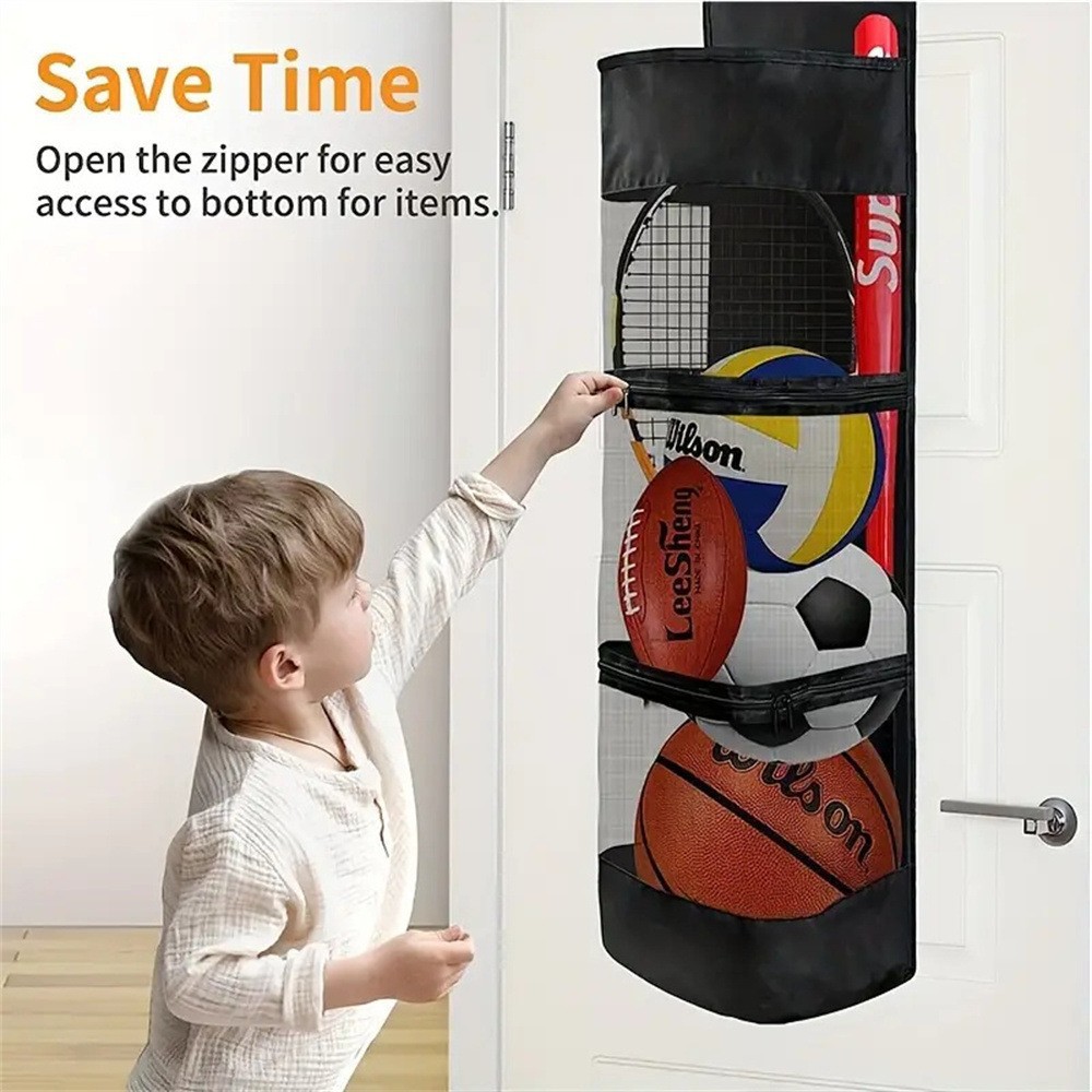 Over-the-Door Hanging Sports Gear Organizer With Zipper for Easy-Access to Bottom - Heavy-Duty Mesh Storage Bag for Balls & Kids' Toys — image 4