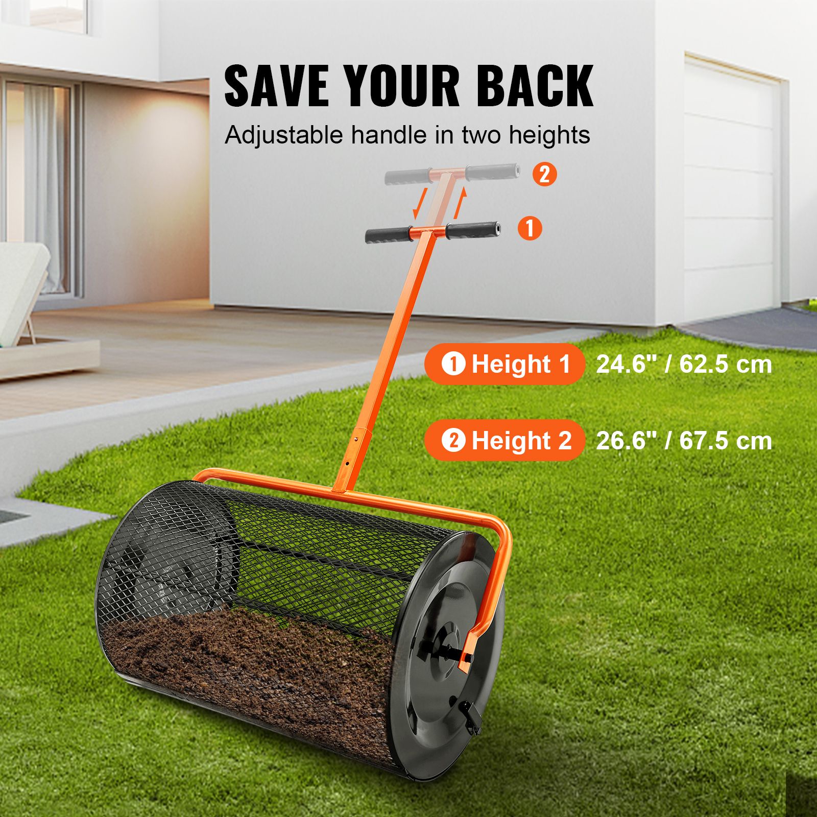 Compost Spreader, 24.4-25.6" Height Adjustable Handle, 24" Wide, Lawn and Garden Peat Moss Roller with Side Latches, Powder Coated Steel Mesh Basket for — image 5