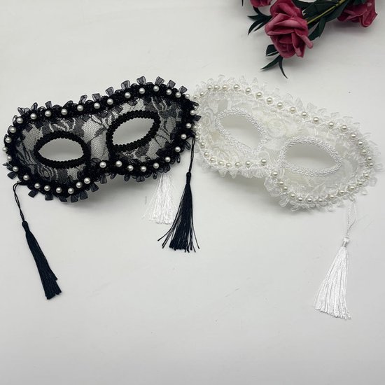 Masks - Halloween Half Face Pearl Lace Ribbon Mask - Masquerade Cosplay Party - Photography Props - 2 Items — image 2