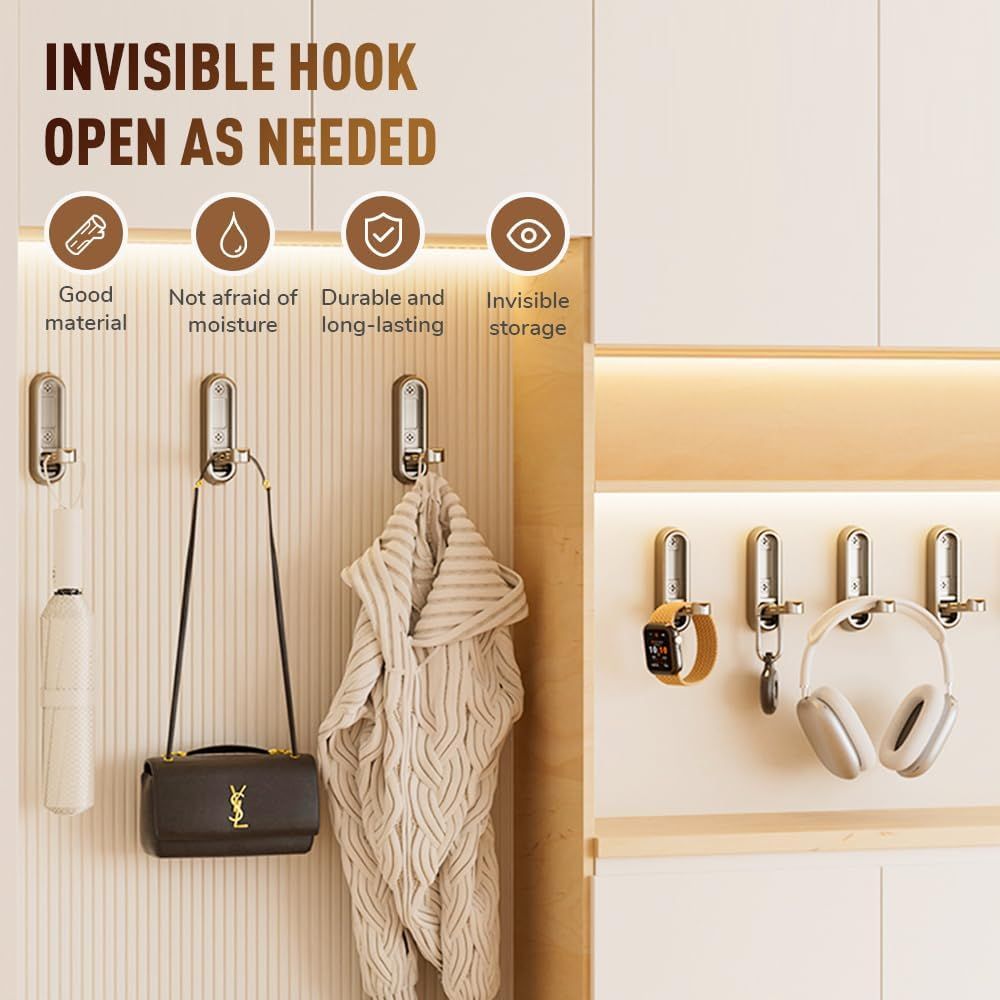 Folding Coat Hooks,Retractable Wall Closet Hooks,Heavy Duty Hook Bathroom Towel Hooks Robe Hooks Wall Mounted for Hanging Coat Towels Clothes (Brown) — image 6