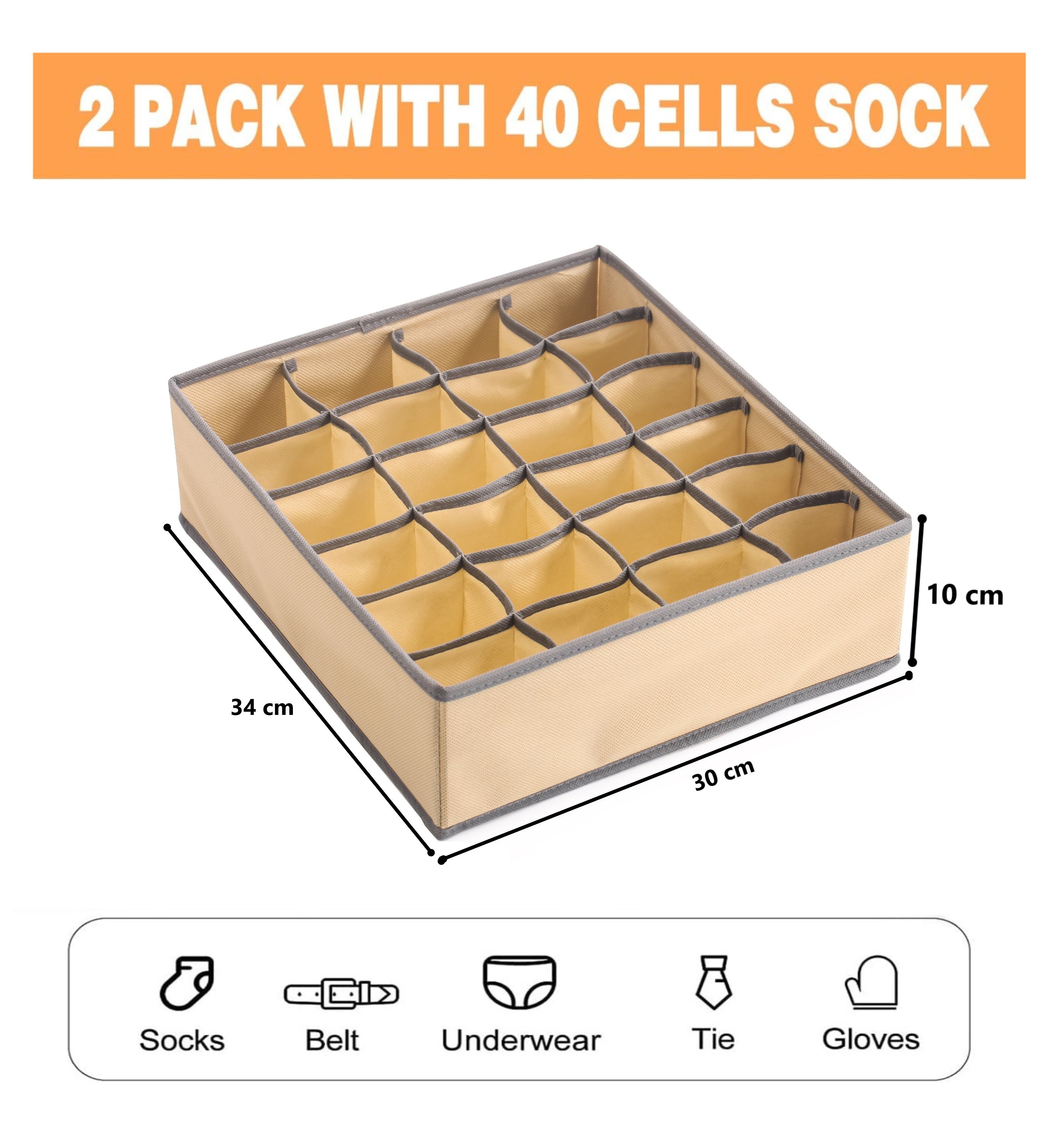 Set of 2 Fabric Drawer Organizer Divider Storage Boxes for Storing Socks, Underwear, Ties, Scarves (Beige) โ image 2