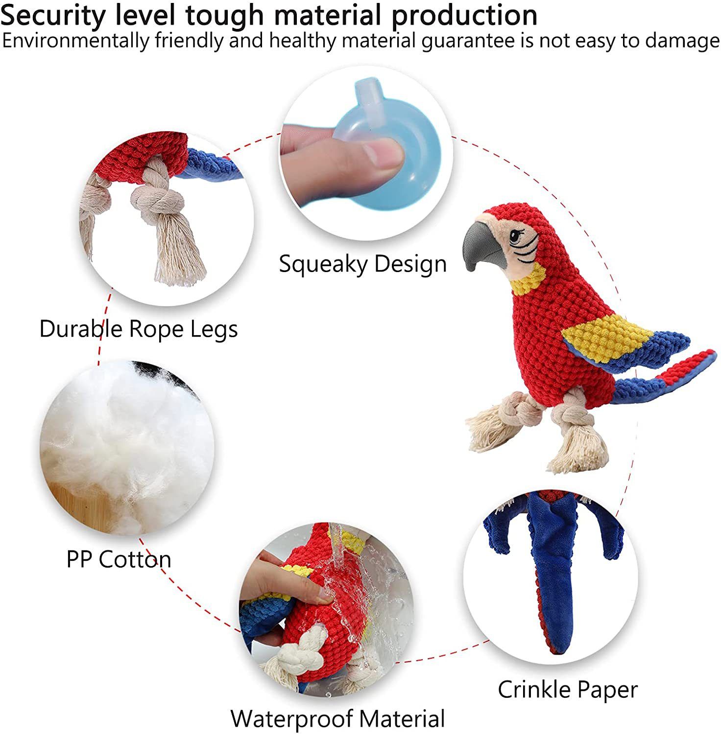 Indestructible Plush Parrot Dog Toy, Upgraded Dog Squeak Toys Tug of War Squeaky Parrot Dog Toys, Stuffing Toy — image 4